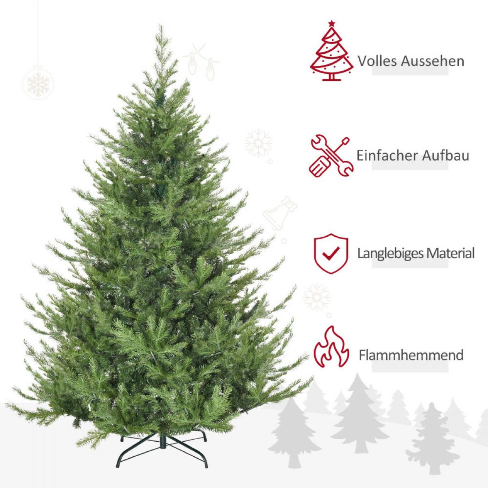 Ein grüner künstlicher Weihnachtsbaum auf weißem Hintergrund. Text über den Baum befindet sich rechts.