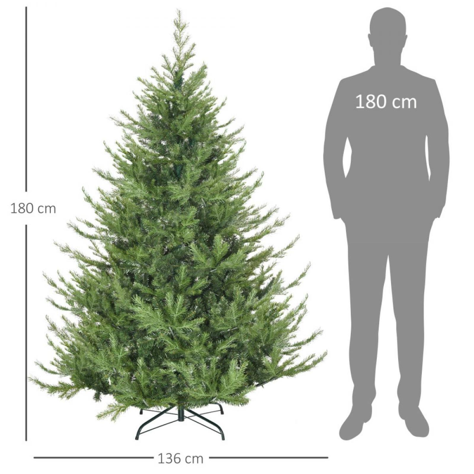 Ein grüner künstlicher Weihnachtsbaum, 180 cm hoch, mit Metallständer. Daneben eine graue Personensilhouette.