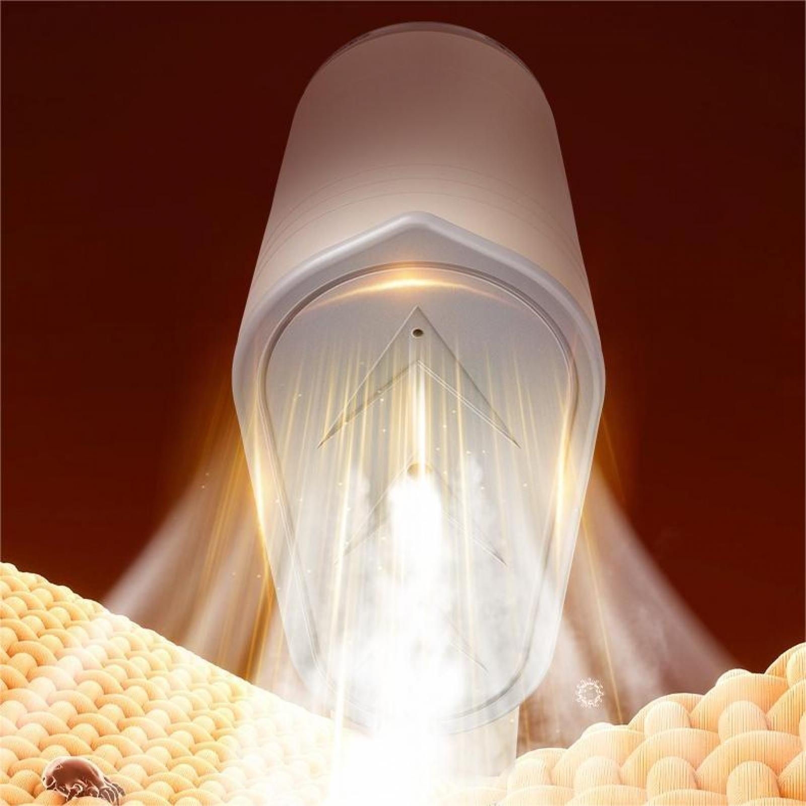Ein zylindrisches Gerät, das Licht und Dampf ausstrahlt. Es befindet sich über einer strukturierten Oberfläche.