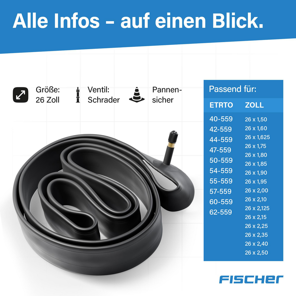 Ein schwarzer Fahrradschlauch mit Schrader-Ventil, auf weißer Oberfläche gewickelt. Informationen zu Größen und Reifenkompatibilität.