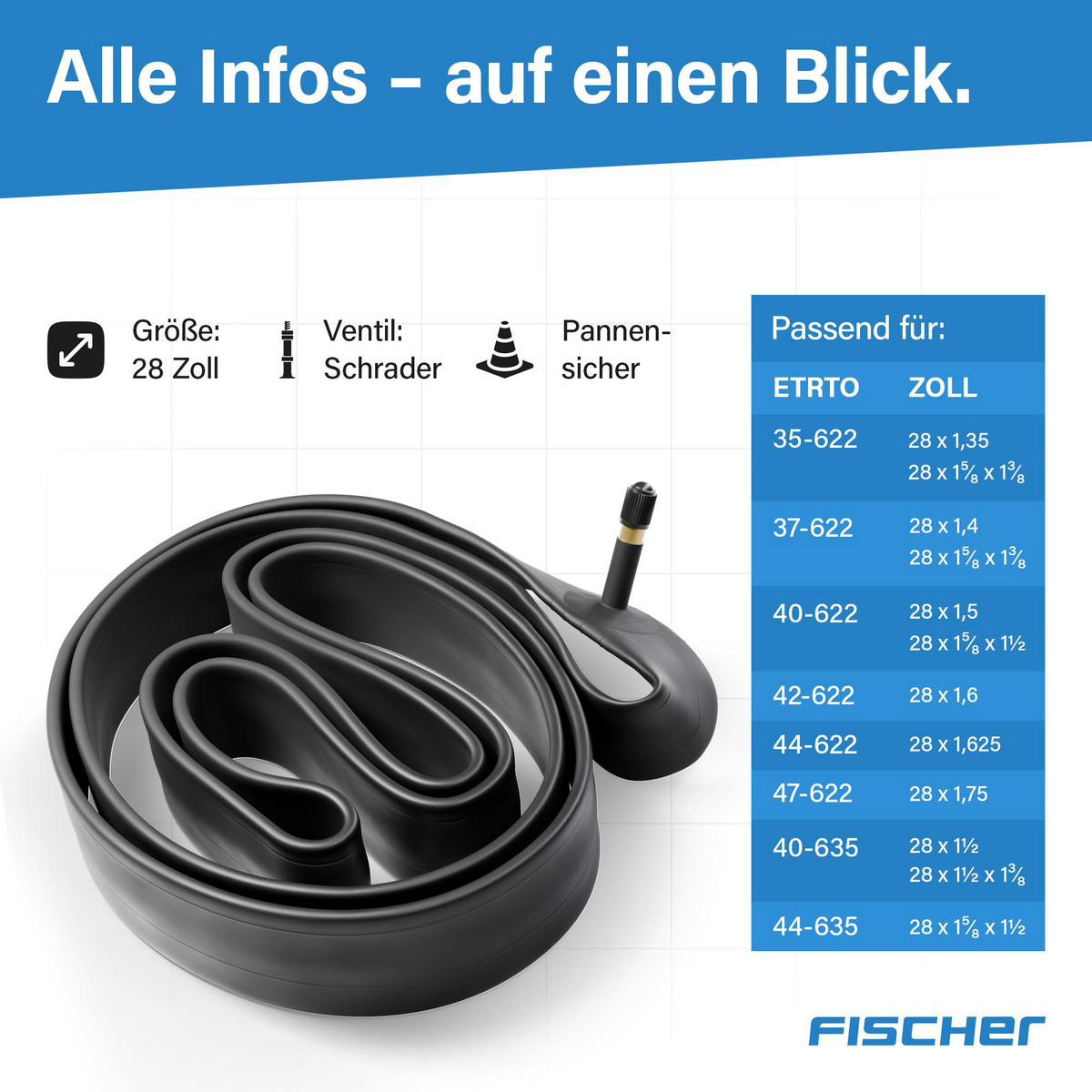 Schwarzer Fahrradschlauch mit Schrader-Ventil. Text enthält Größenangaben und die Marke Fischer.