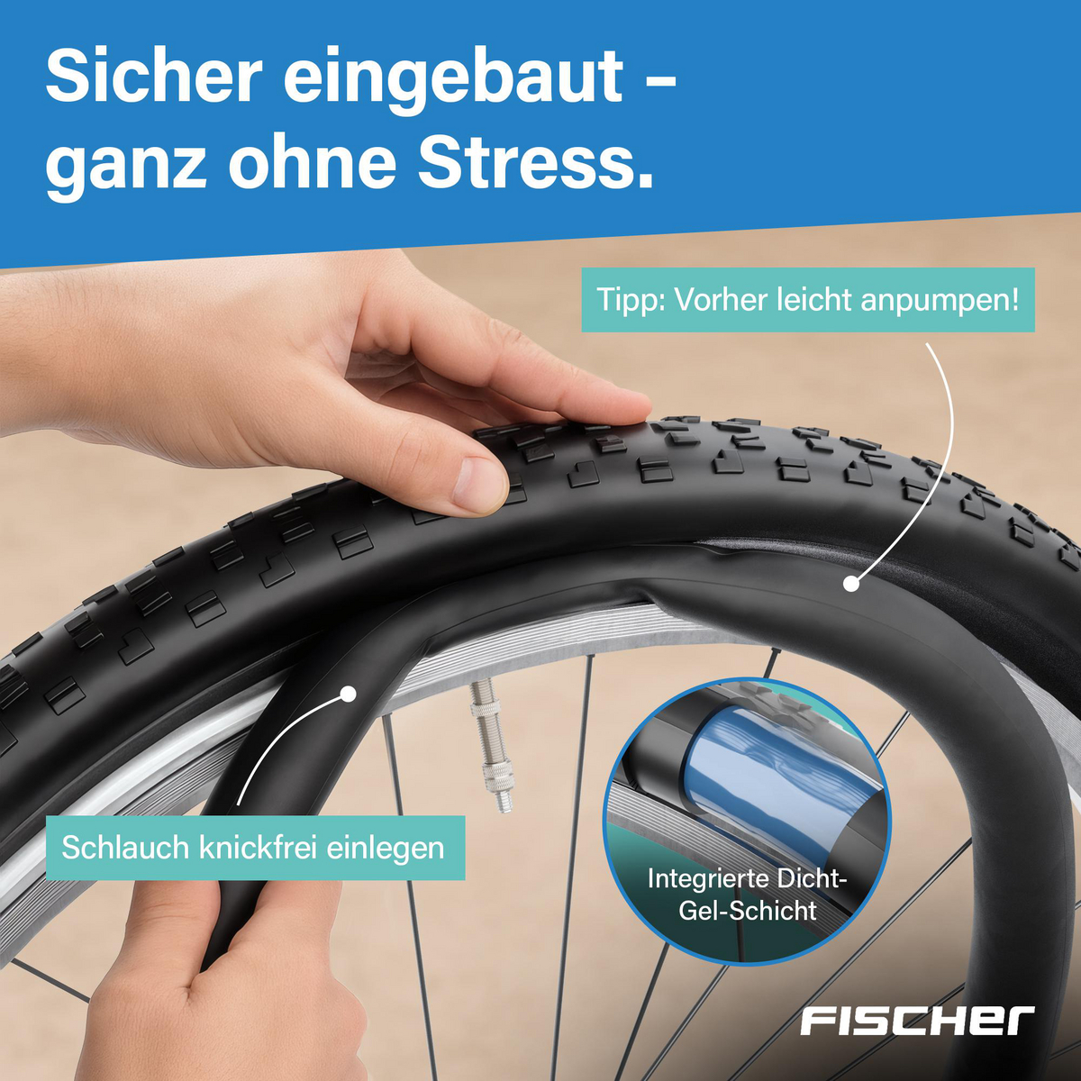 Eine Hand installiert einen Reifen an einem Fahrrad. Text zeigt 'einfache Installation' und 'integrierte Gelabdichtung'.