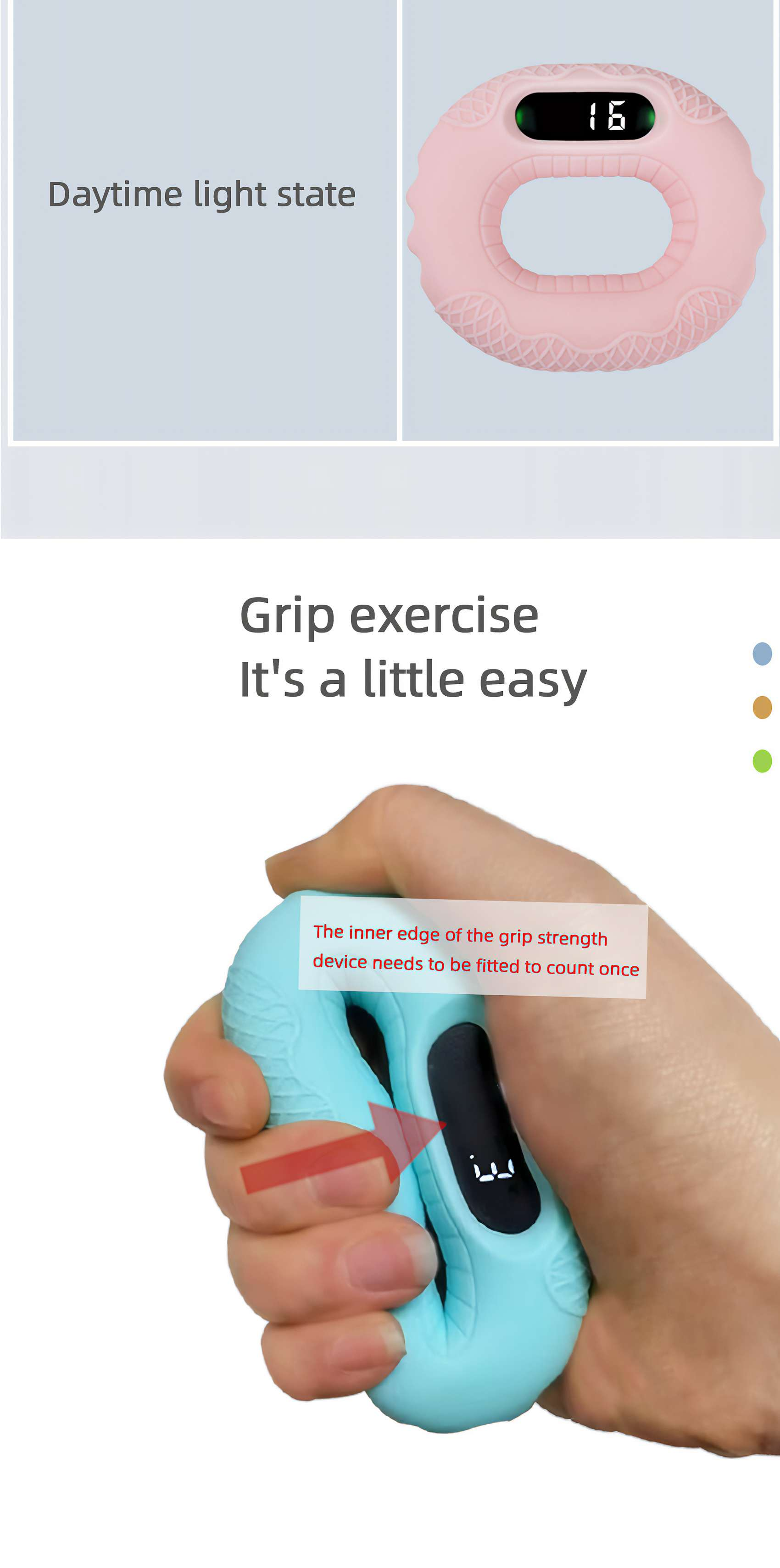 Eine Hand drückt einen blauen Griff-Trainer. Ein digitales Display zeigt eine Zahl. Text: 'Griffübung. Es ist ein bisschen einfach'.