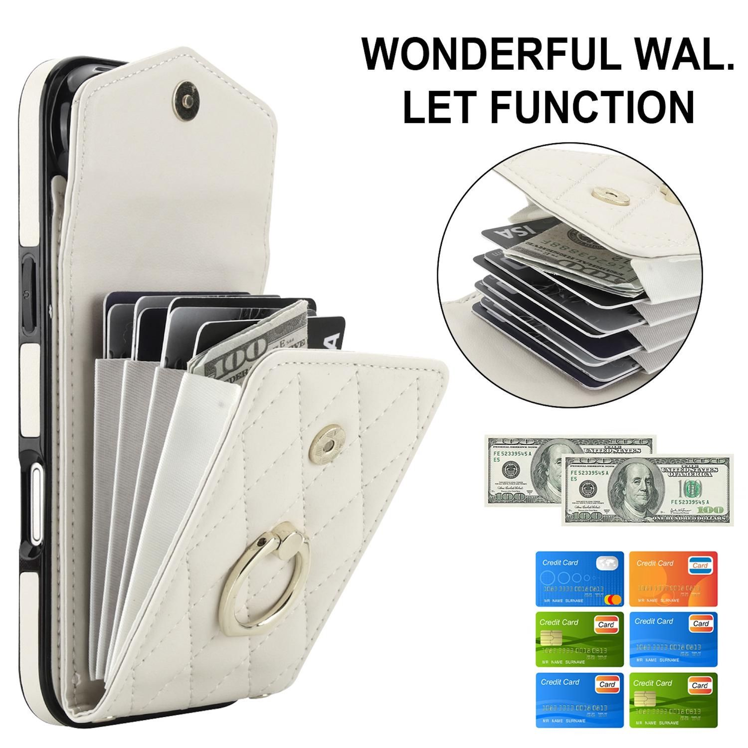 Eine weiße Brieftasche-Handyhülle mit Kreditkarten und einem Hundert-Dollar-Schein. Der Text oben lautet 'WONDERFUL WAL. LET FUNCTION'.
