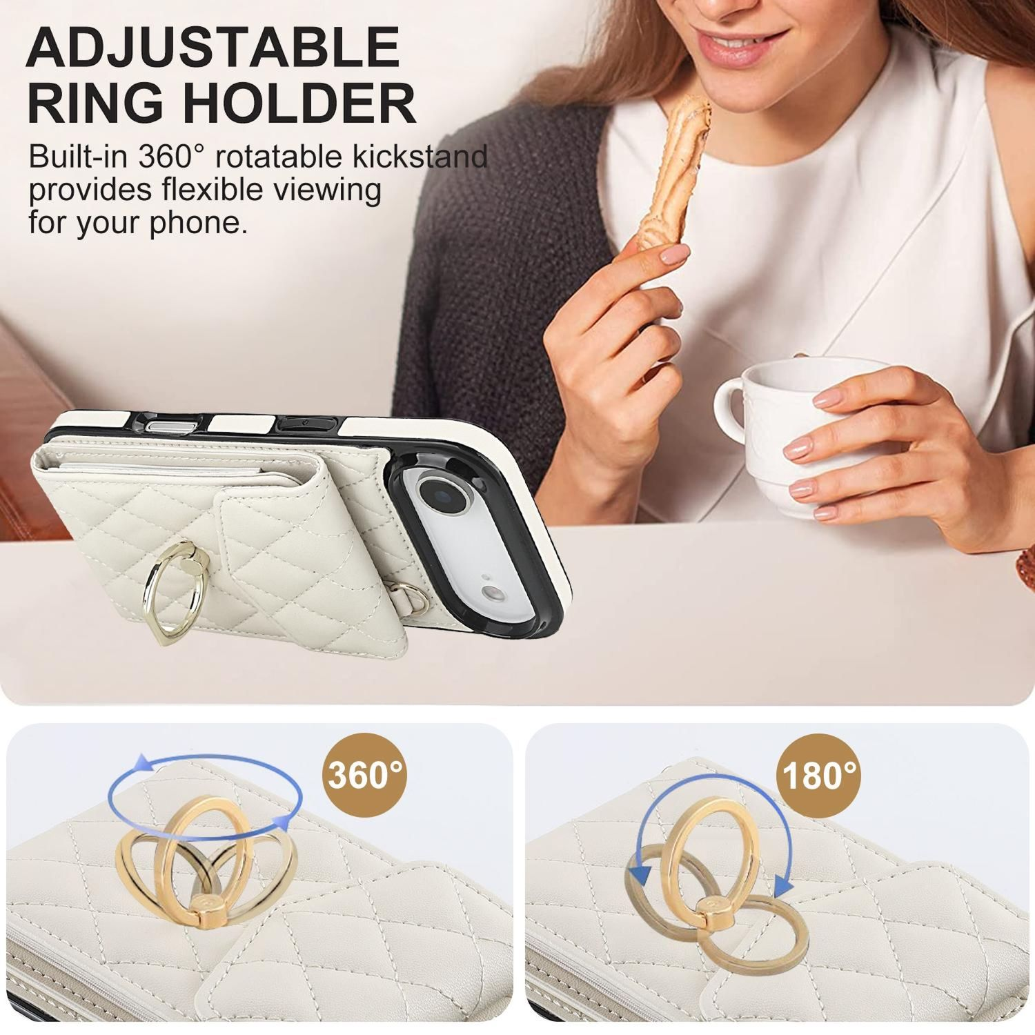 Frau hält Keks und Tasse. Eine Handyhülle mit Ringhalter liegt auf einem Tisch. Text: ADJUSTABLE RING HOLDER.