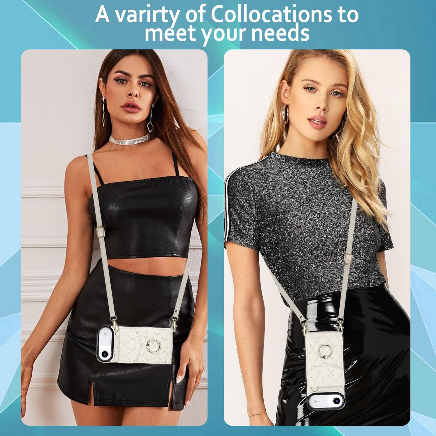 Zwei Frauen tragen Handyhüllen mit Trägern. Eine in schwarzem Leder, die andere in einem glitzernden Top, beide mit weißen Handyhüllen.