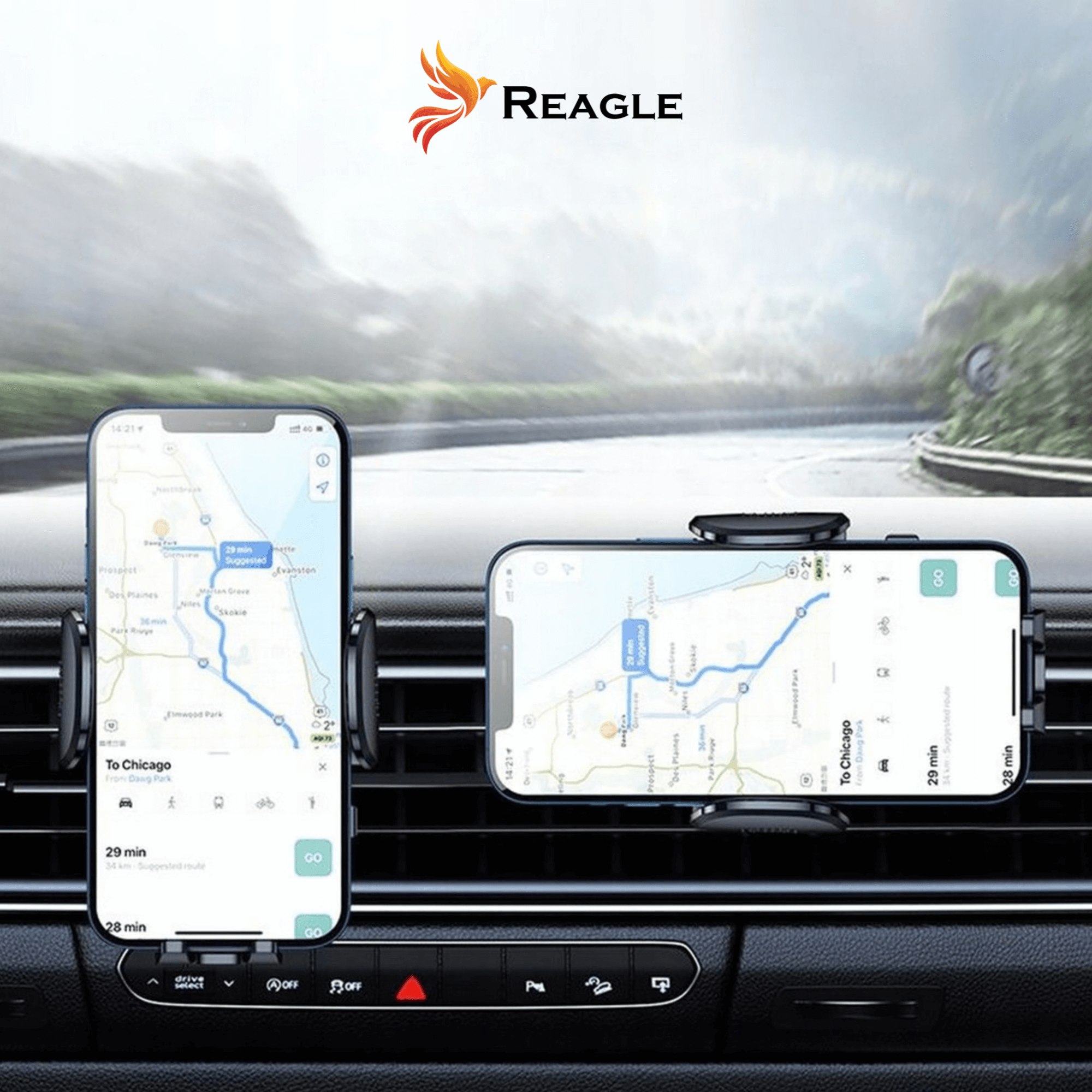 Dwa smartfony w uchwytach samochodowych wyświetlające mapy nawigacyjne ze wskazówkami i szacowanym czasem podróży.