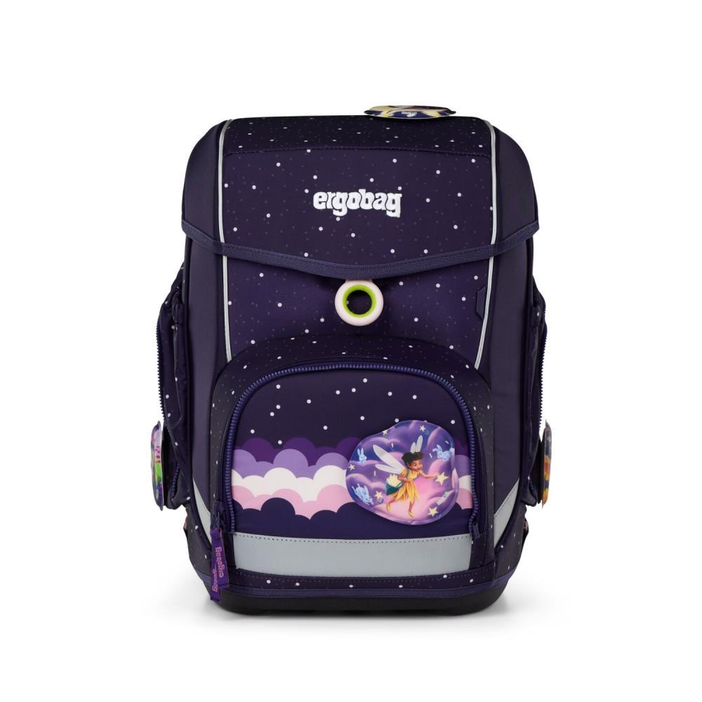 Ein dunkelblauer Schulranzen mit dem Wort 'ergobag'. Er hat ein Bild einer Fee auf der Vorderseite und weiße Sterne.