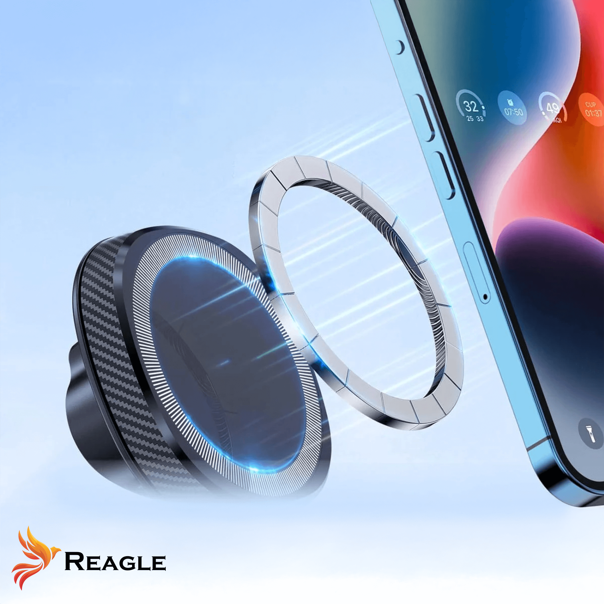 Wyświetlany jest telefon i magnetyczny stojak na pierścienie. Telefon jest jasnoniebieski z kolorowym tłem. Po lewej stronie znajduje się uchwyt samochodowy.