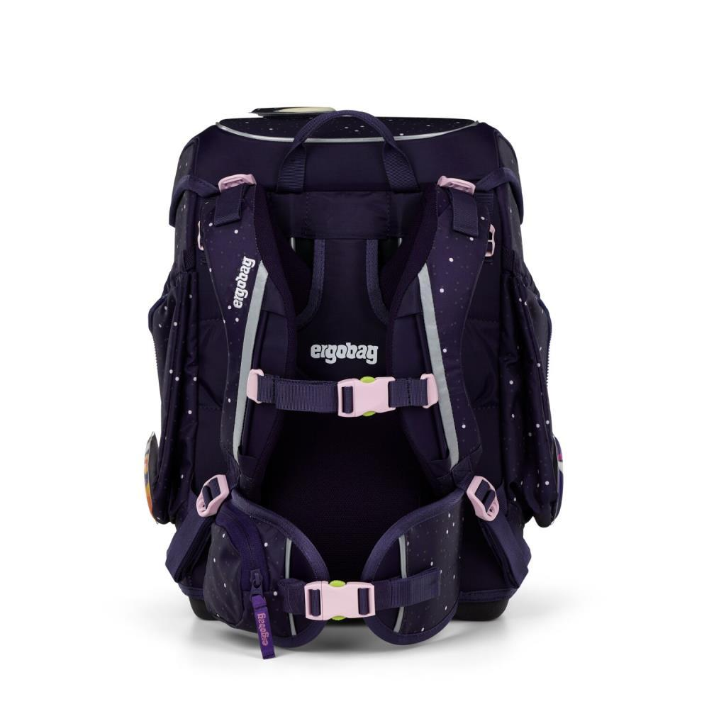 Ein marineblauer Schulrucksack mit rosa Akzenten. Er hat Polka Dots und den Markennamen 'ergobag'. Gurte, Schnallen und Taschen sind sichtbar.