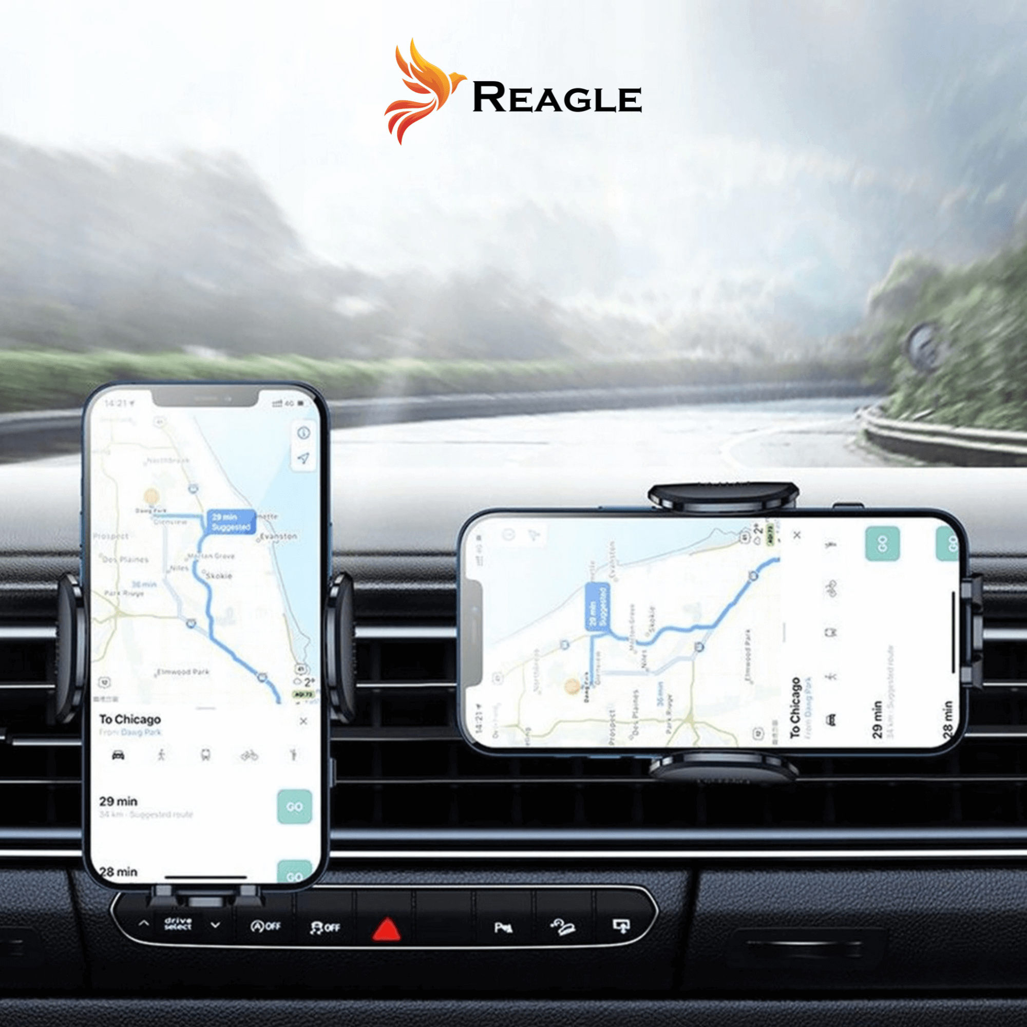 Dwa telefony zamontowane na desce rozdzielczej samochodu wyświetlają aplikacje nawigacyjne. Widoczne logo 'REAGLE'.