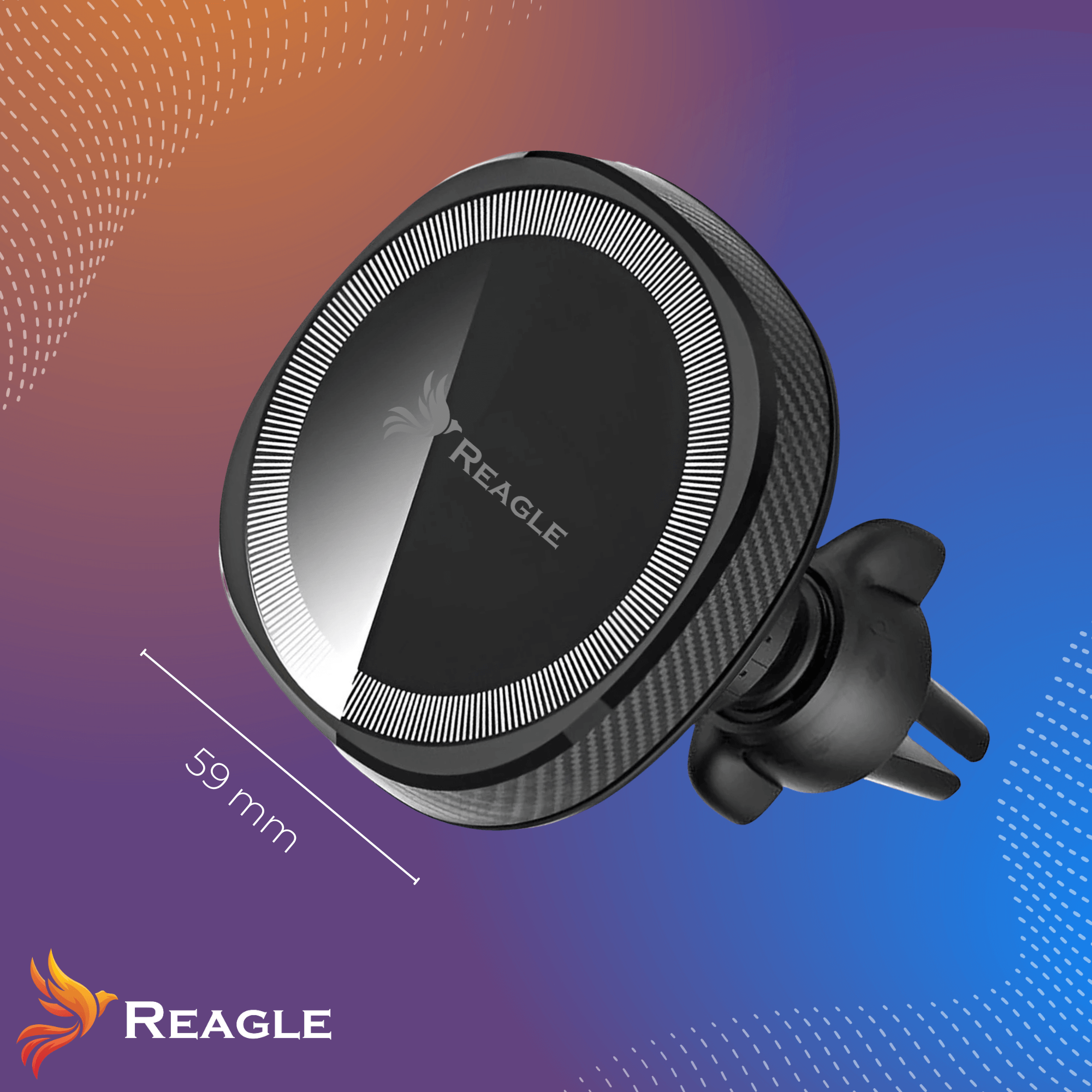 Czarny uchwyt samochodowy na telefon z pomiarem 59 mm. Uchwyt ma okrągły kształt z fakturą włókna węglowego.