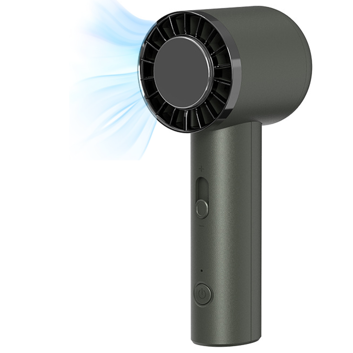 Ein dunkelgrauer Handventilator mit rundem Kopf. Blaue Luft strömt aus dem Ventilator. Er hat einen Griff mit Knöpfen.