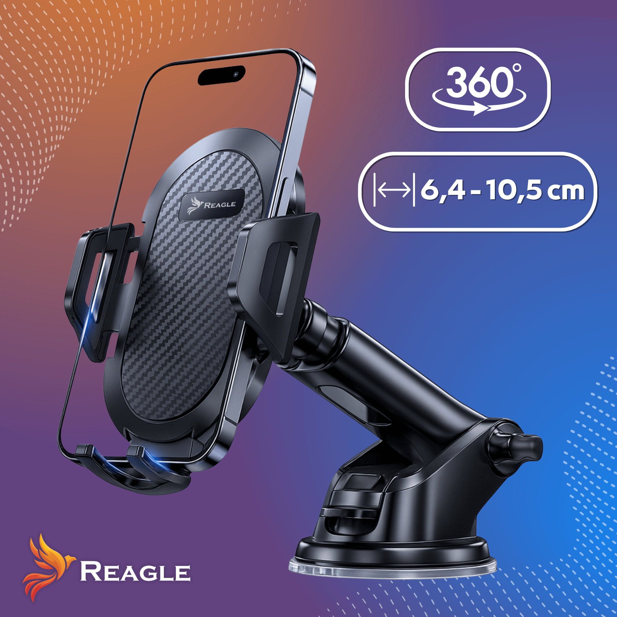 Czarny uchwyt na telefon z telefonem w środku. Tekst mówi 360° i 6,4-10,5 cm. Tło to gradient kolorów.