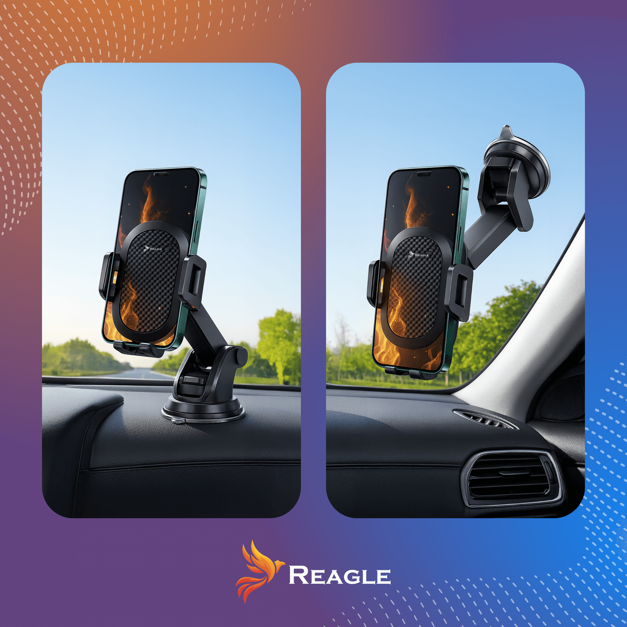 Uchwyt na telefon z telefonem, przymocowany do deski rozdzielczej samochodu. Telefon wyświetla obraz ognia.