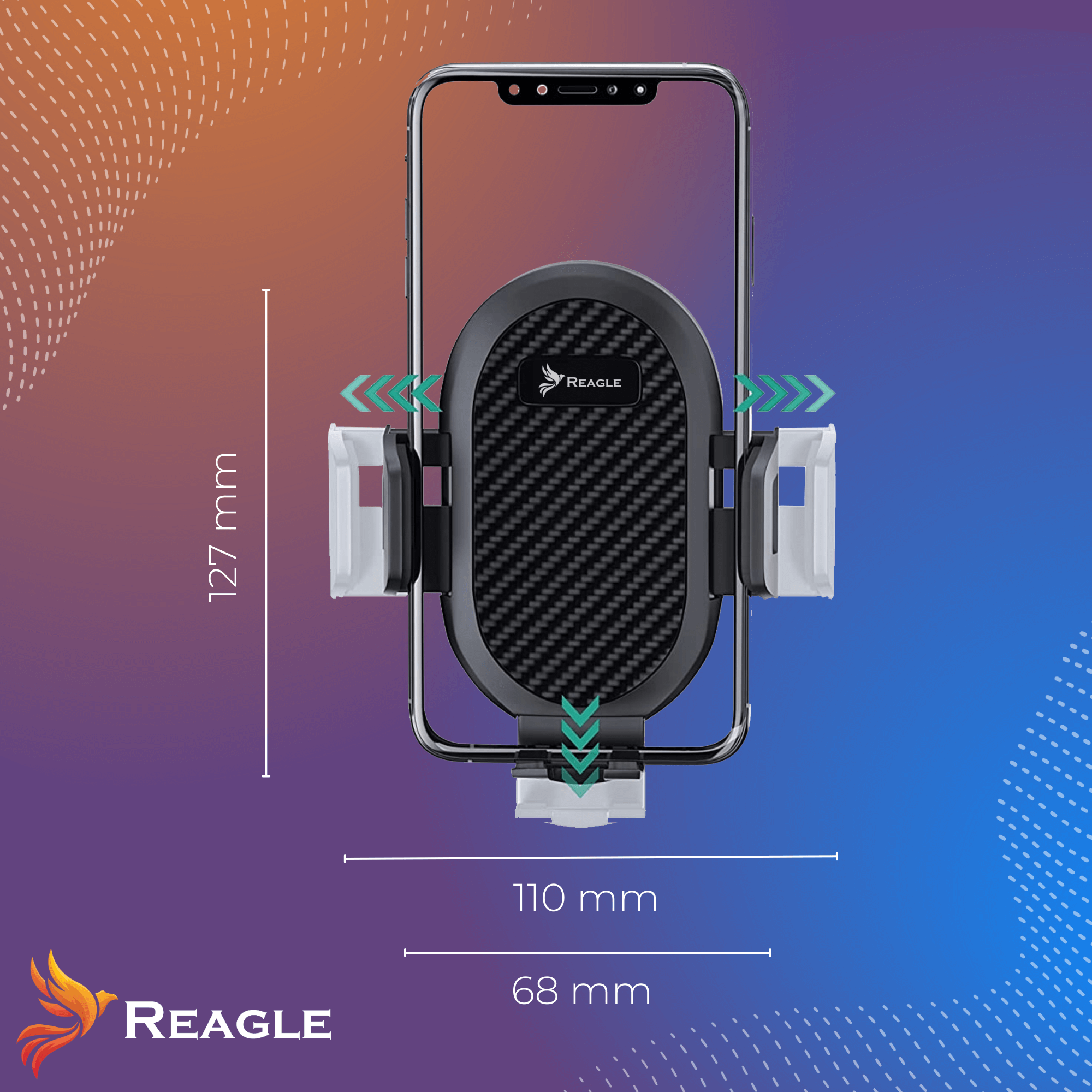 Telefon zamontowany w czarnym i srebrnym uchwycie samochodowym, z wyświetlonymi wymiarami. Widoczna jest marka REAGLE.