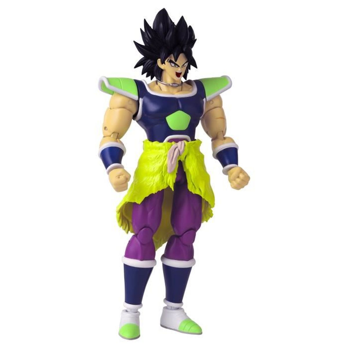Figura de acción de Broly. Cabello negro puntiagudo, atuendo verde y morado. Falda amarilla. Piel clara. De pie sobre fondo blanco.
