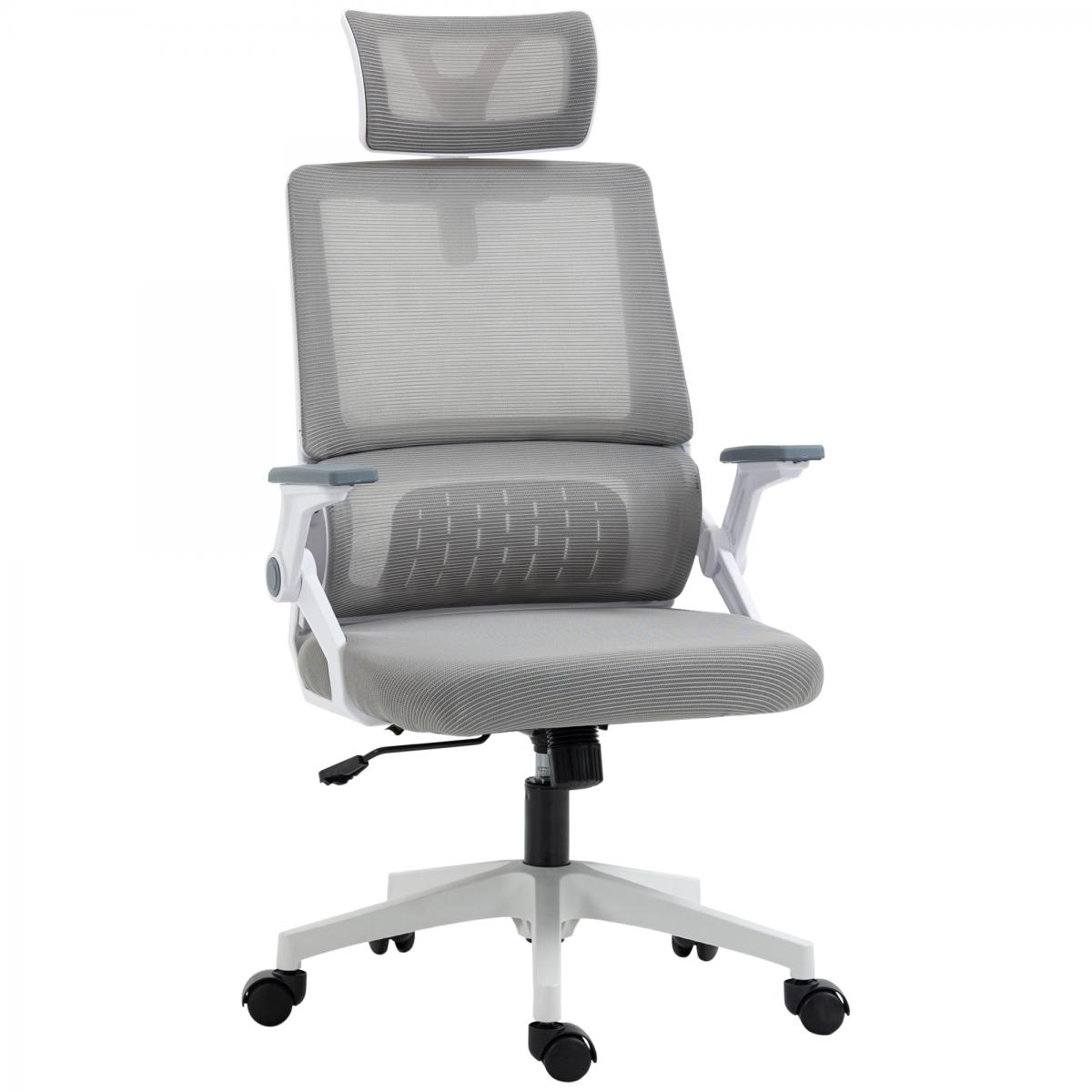 Ein grau-weißer ergonomischer Bürostuhl. Er hat eine Kopfstütze, einen Netzrücken, Armlehnen und ein Fünf-Rollen-Gestell. Isoliert auf weißem Hintergrund.