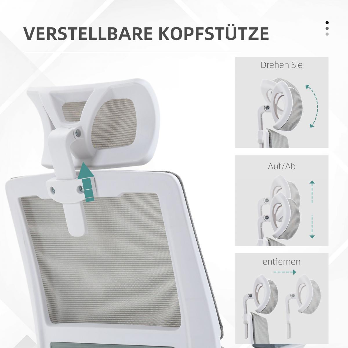 Weißer, verstellbarer Bürostuhl mit Kopfstütze. Anweisungen zeigen, wie man die Kopfstütze einstellt: drehen, hoch/runter und entfernen.