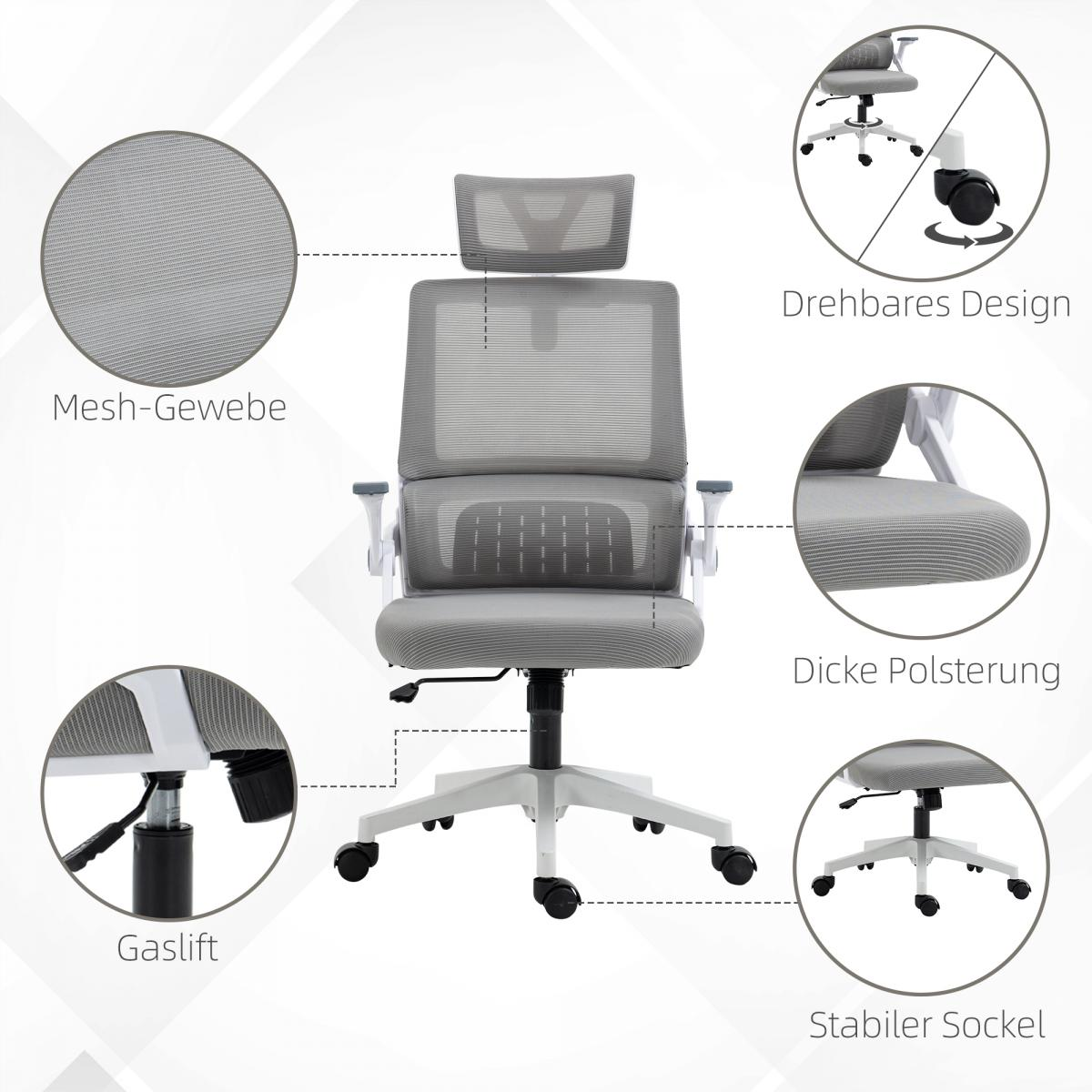 Grauer ergonomischer Bürostuhl mit Netzrücken, Kopfstütze und Armlehnen. Merkmale: Gaslift, Drehdesign und stabiler Sockel.