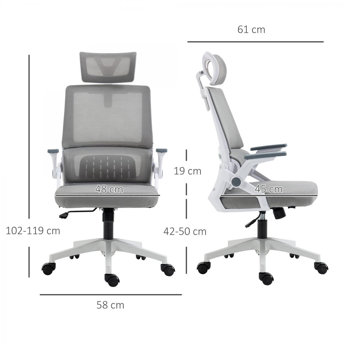 Ein ergonomischer Bürostuhl mit den Maßen: 102-119 cm Höhe, 58 cm Breite, 61 cm Tiefe. Verfügt über eine Kopfstütze, Netzrücken und verstellbare Armlehnen.