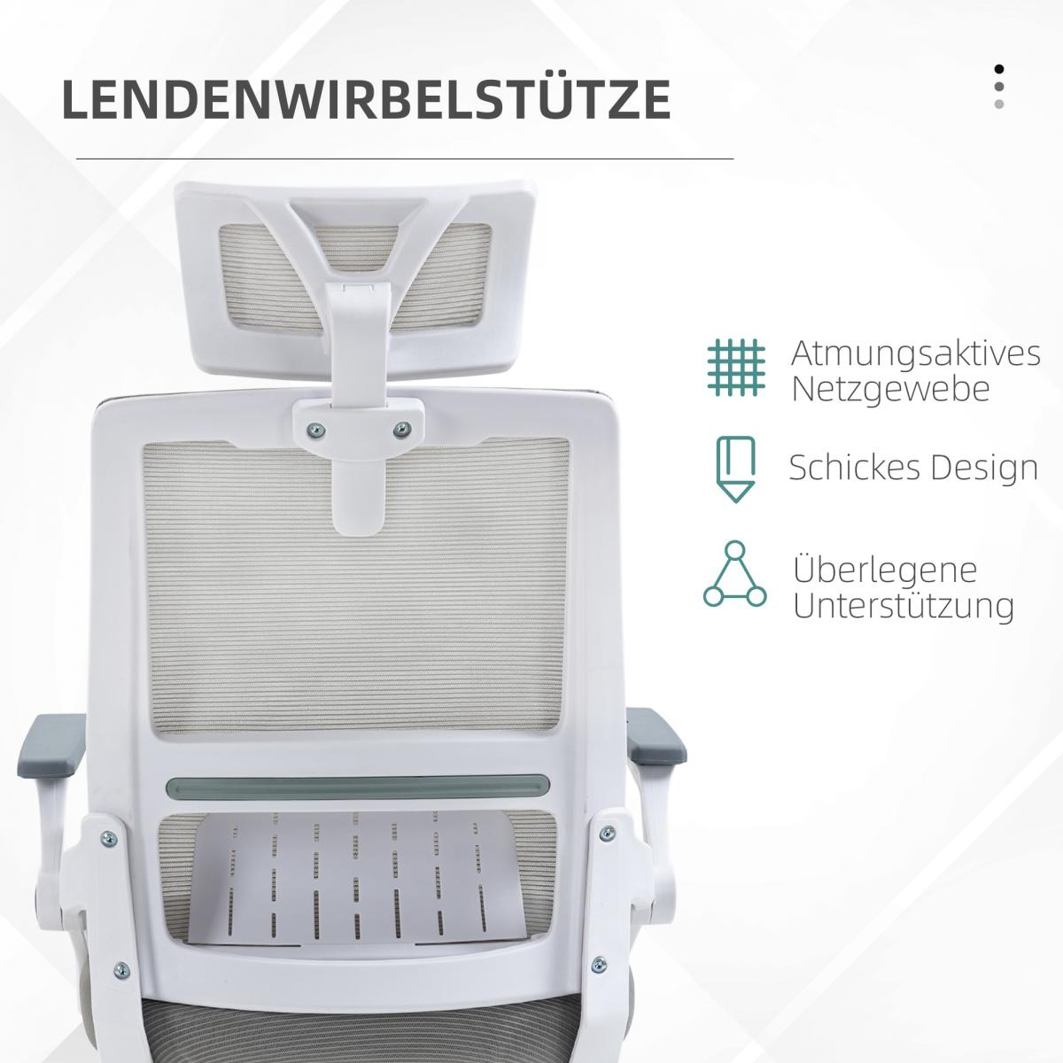 Rückansicht eines weißen Bürostuhls mit Kopfstütze, Netzrücken und Armlehnen. Text erwähnt atmungsaktives Netzgewebe, stilvolles Design und überlegene Unterstützung.