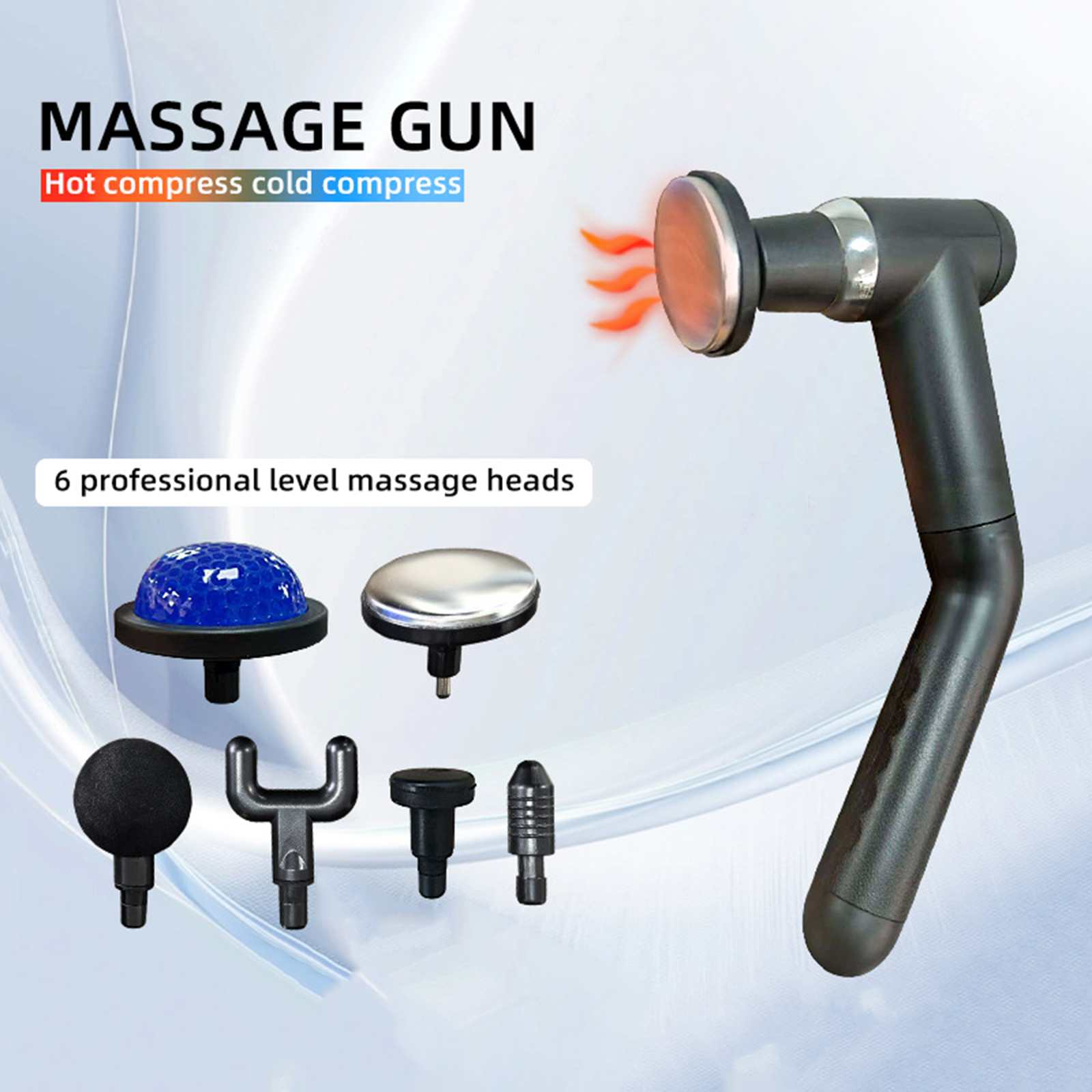 Massagepistole mit 6 Köpfen. Text: Massagepistole. Heiße Kompression, kalte Kompression. Köpfe: blau, silber, schwarz, U-förmig, flach, gerippt.