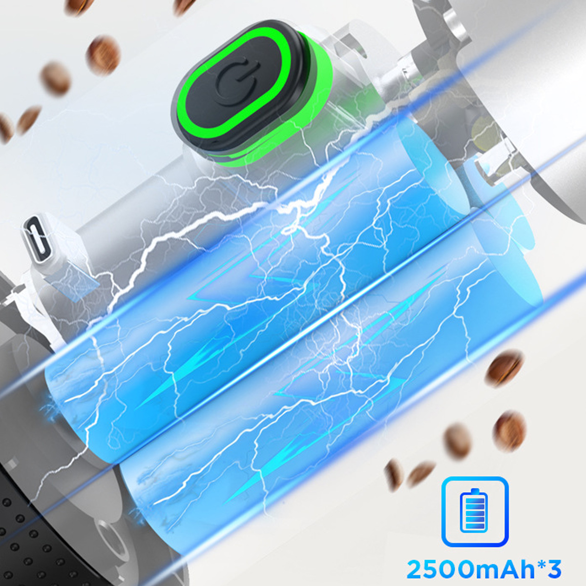 Das Bild zeigt einen transparenten Akku mit Blitzen. Ein Power-Knopf, Kaffeebohnen und ein Akku-Symbol sind ebenfalls zu sehen.