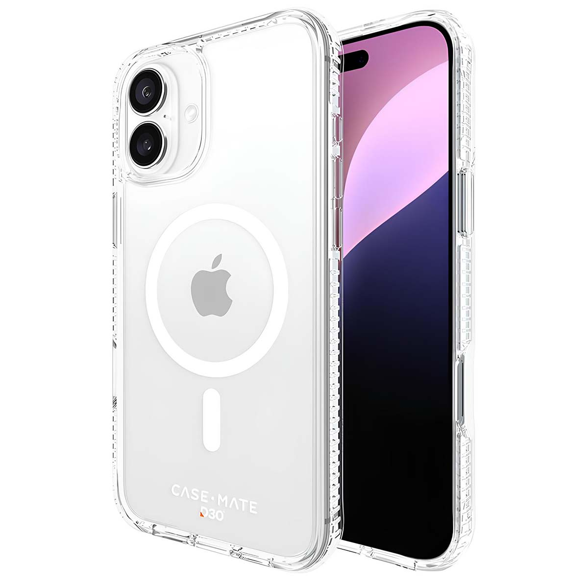 Custodia trasparente con iPhone. La custodia ha un cerchio MagSafe con il logo Apple. Lo schermo dell'iPhone mostra una sfumatura viola.
