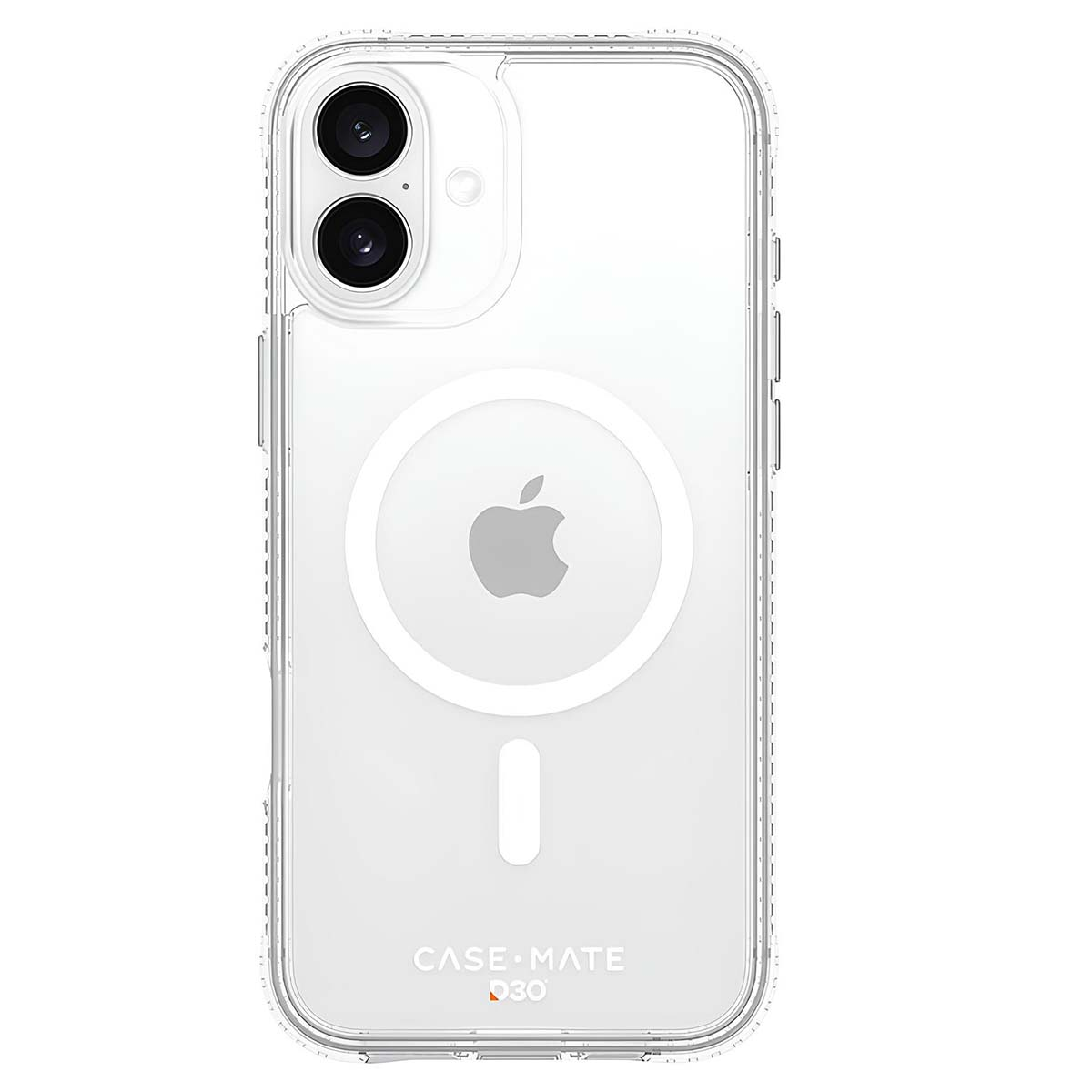 Custodia trasparente per telefono con logo Apple e marchio Case Mate. La custodia ha ritagli per la fotocamera e un cerchio MagSafe.