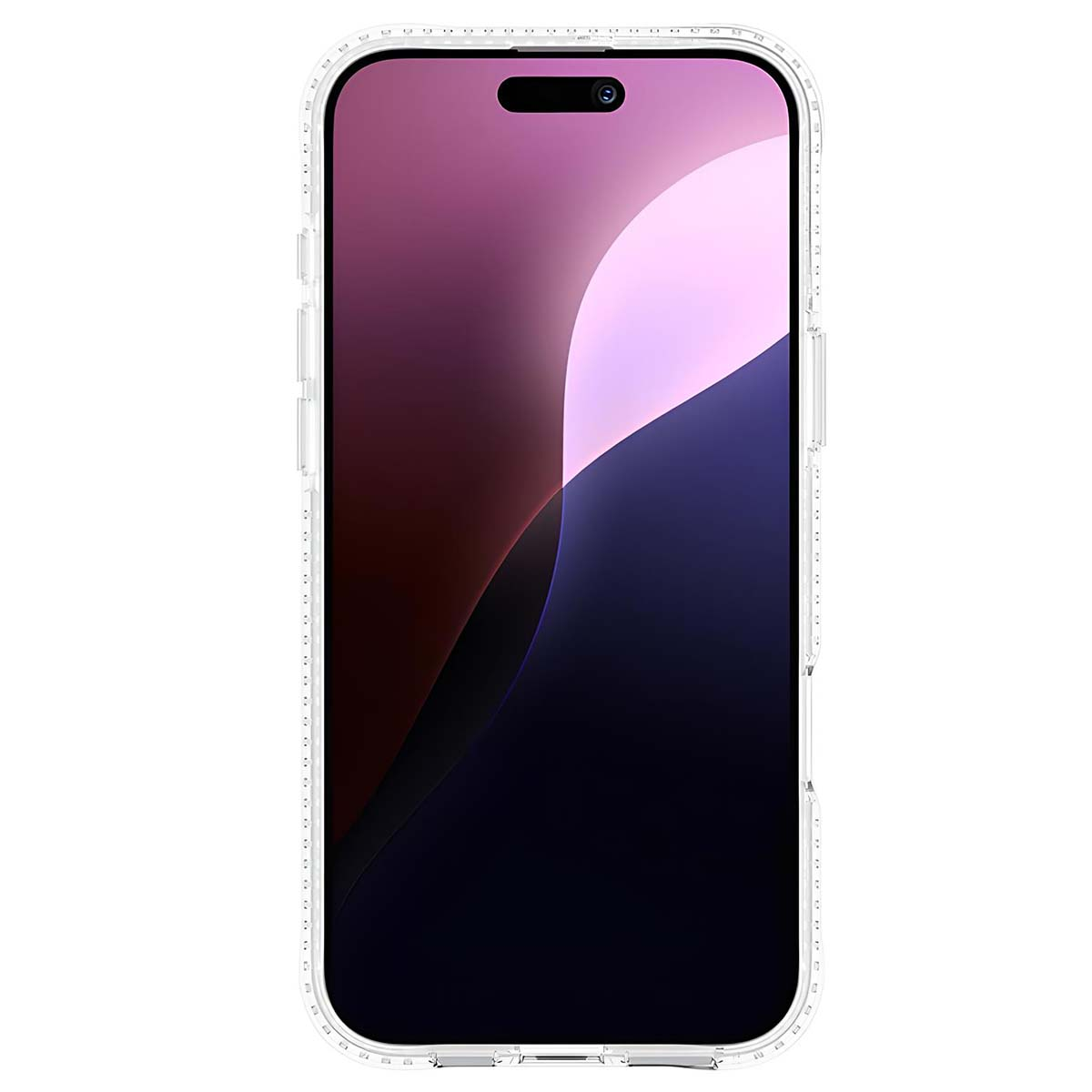Uno smartphone in una custodia trasparente, con uno schermo che mostra una sfumatura viola e blu. La fotocamera è visibile.