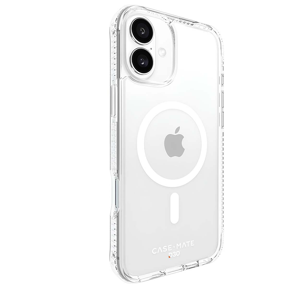 Custodia trasparente per telefono con un iPhone all'interno. La custodia ha un logo Apple bianco e il marchio 'Case Mate'.