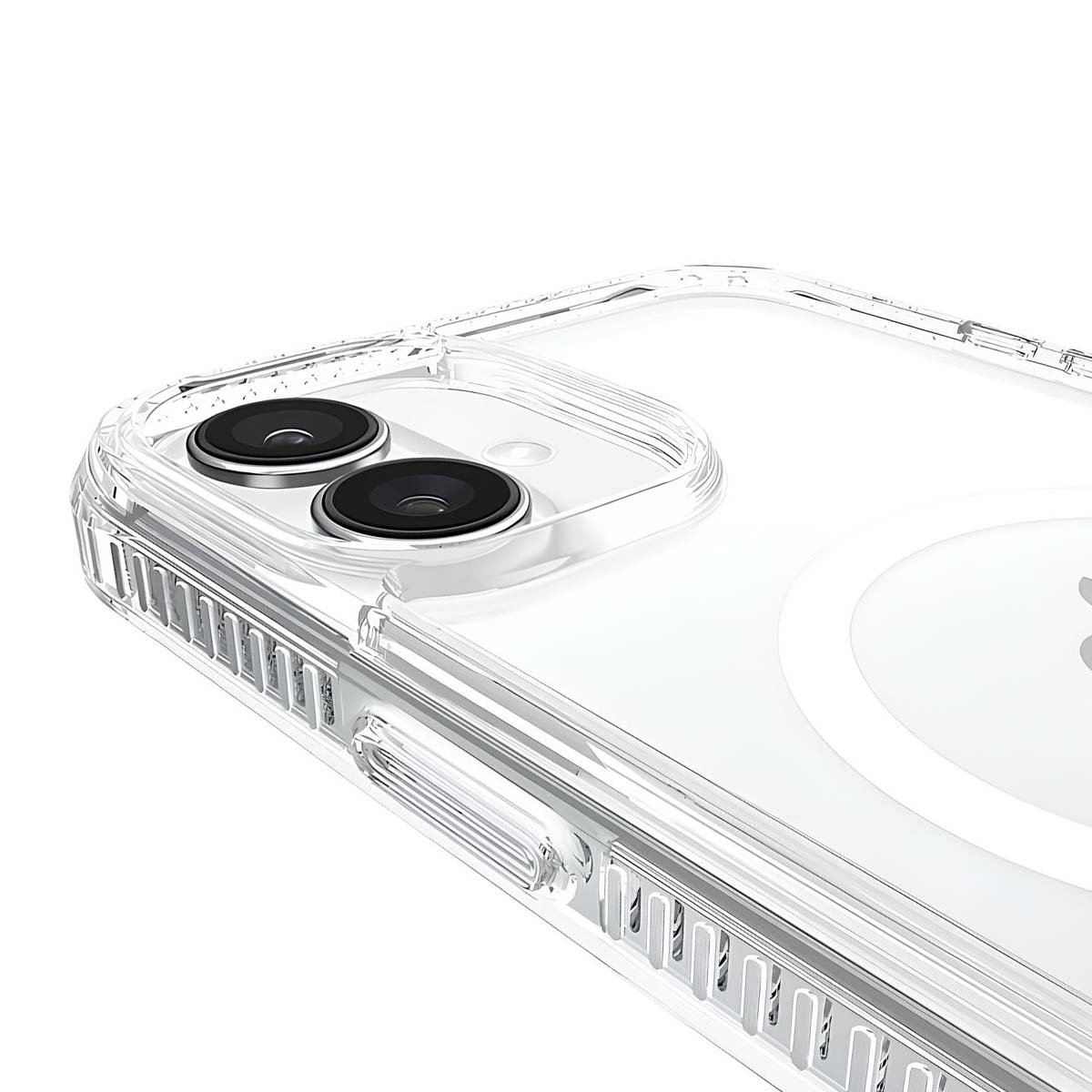 Custodia trasparente per telefono che mostra le lenti della fotocamera. La custodia è trasparente. Lo sfondo è bianco.