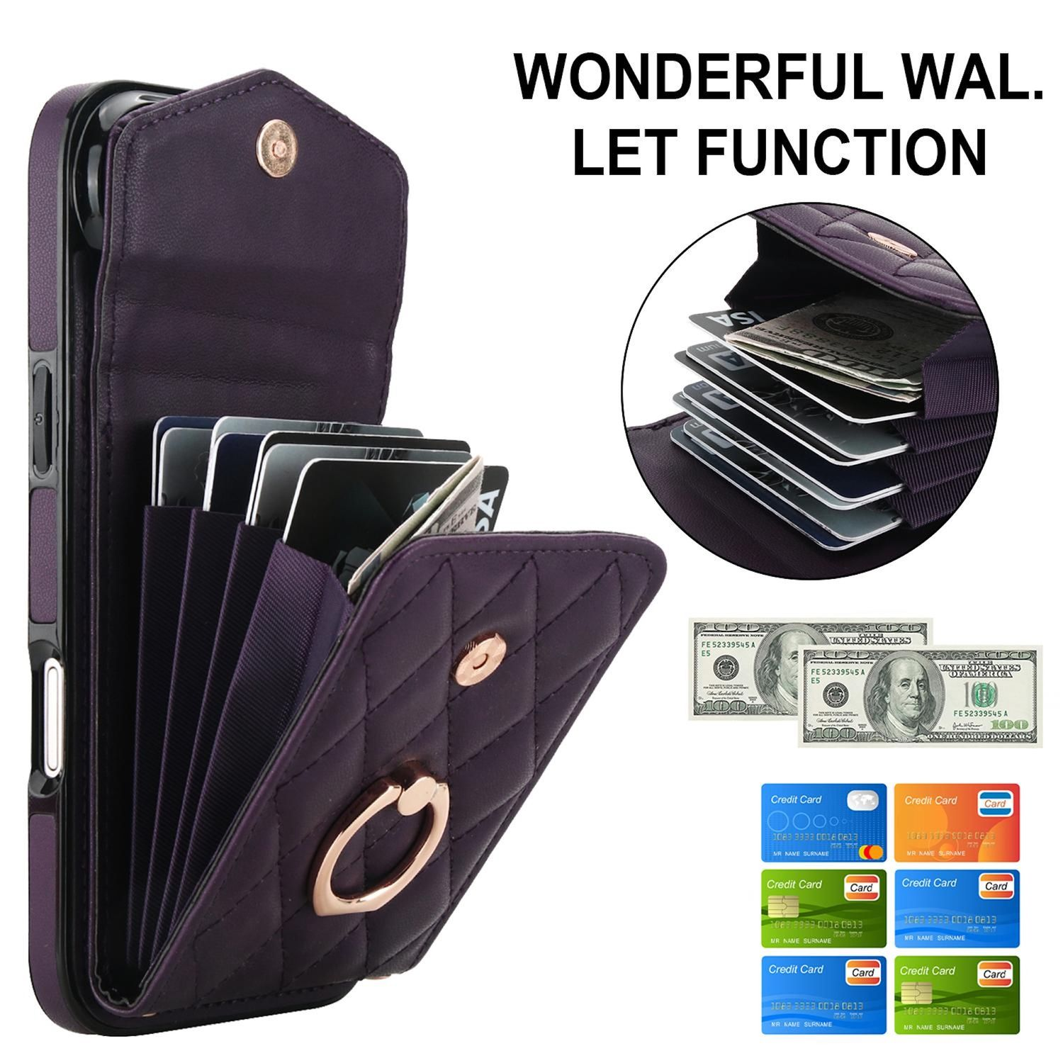 Una funda de teléfono morada con tarjetas y efectivo. Tiene un soporte de anillo y un cierre de botón.