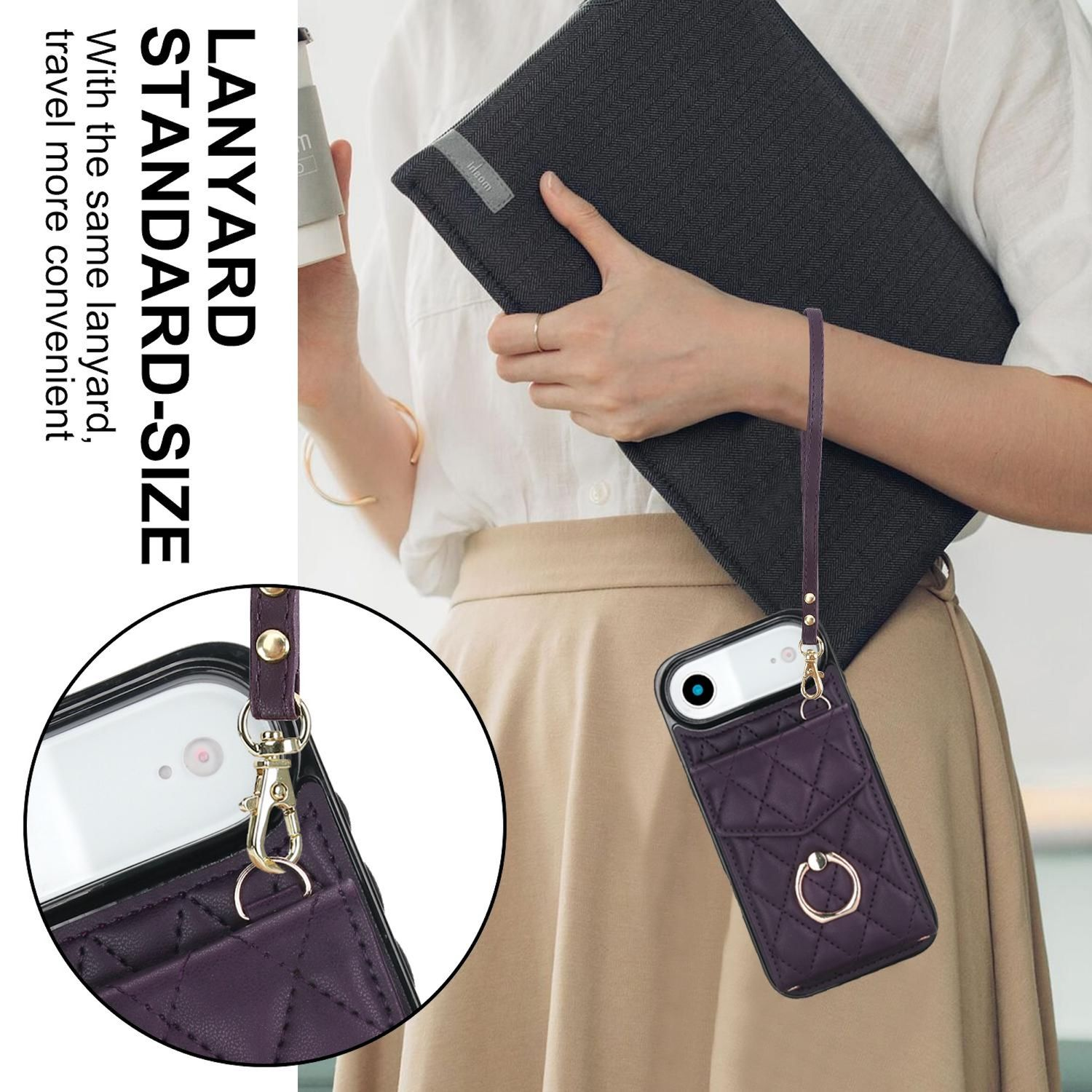 Una mujer sostiene una carpeta oscura y una funda morada. La funda tiene un anillo y una correa. El texto dice 'Lanyard Standard-size'.