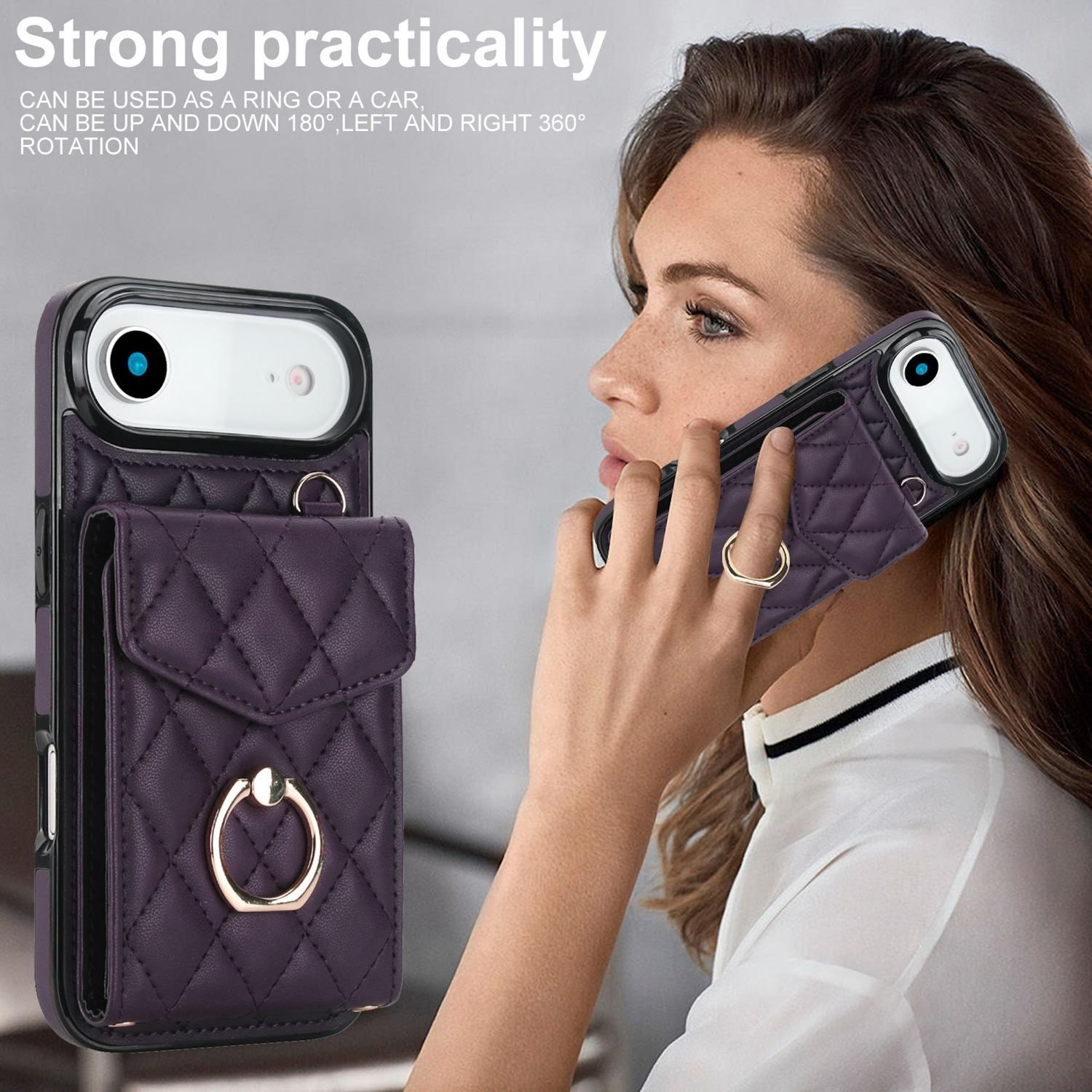 Una mujer sostiene una funda de teléfono con un anillo. La funda es morada con un patrón acolchado y un anillo dorado. Texto: Practicidad fuerte.