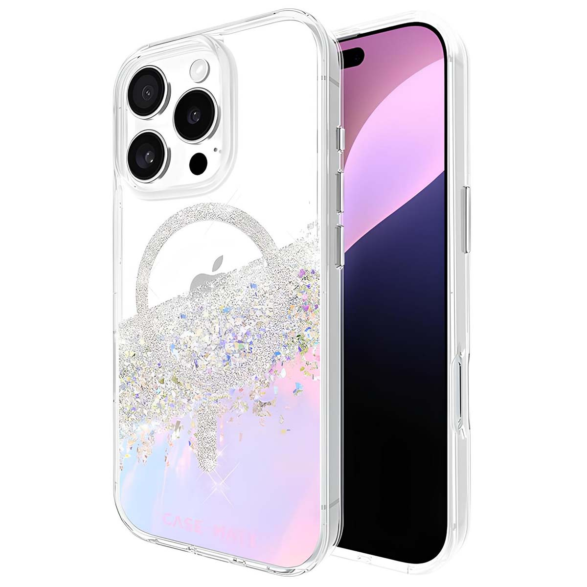 Custodia trasparente per telefono con glitter e un iPhone. La custodia ha un logo Apple argentato e uno sfondo sfumato.