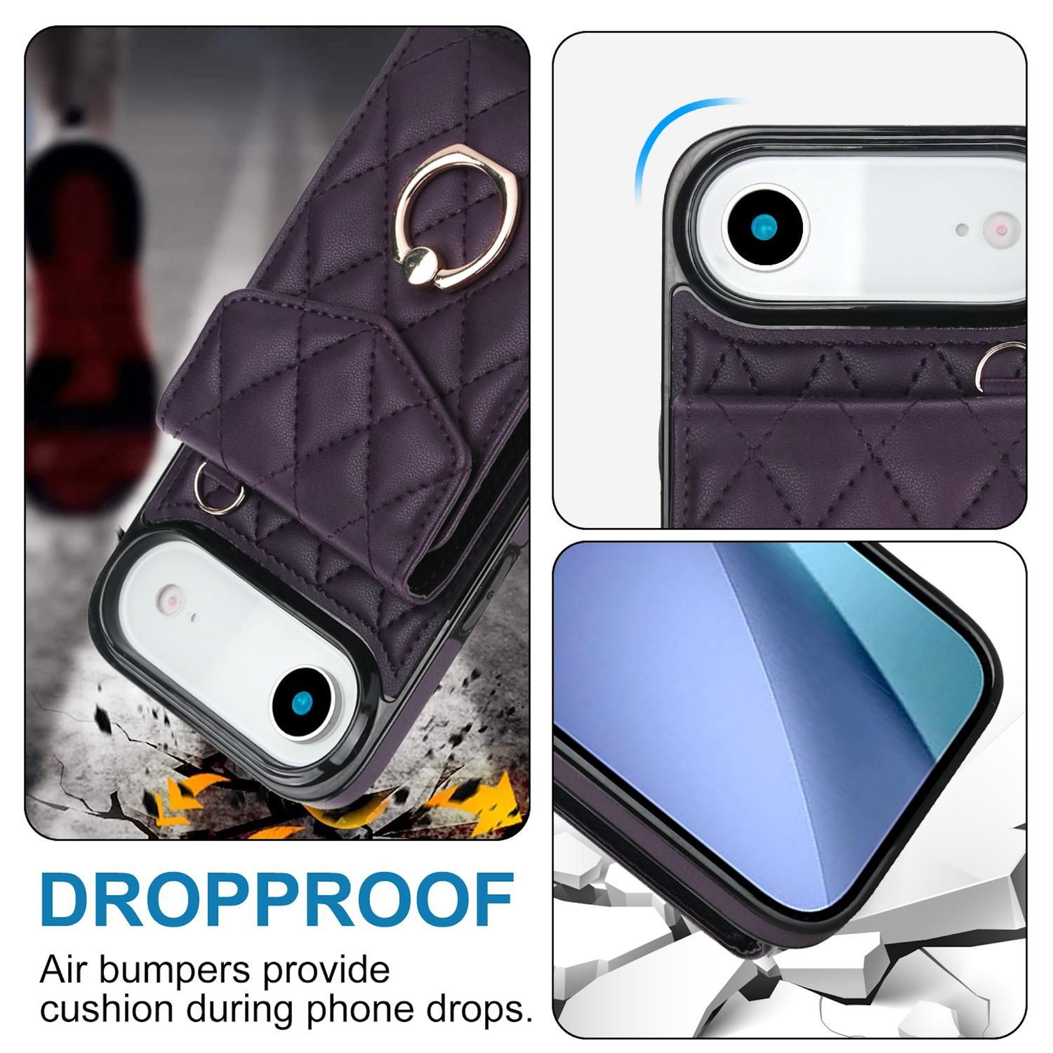 Una funda morada para teléfono con soporte de anillo, mostrando características a prueba de caídas. La funda es acolchada.