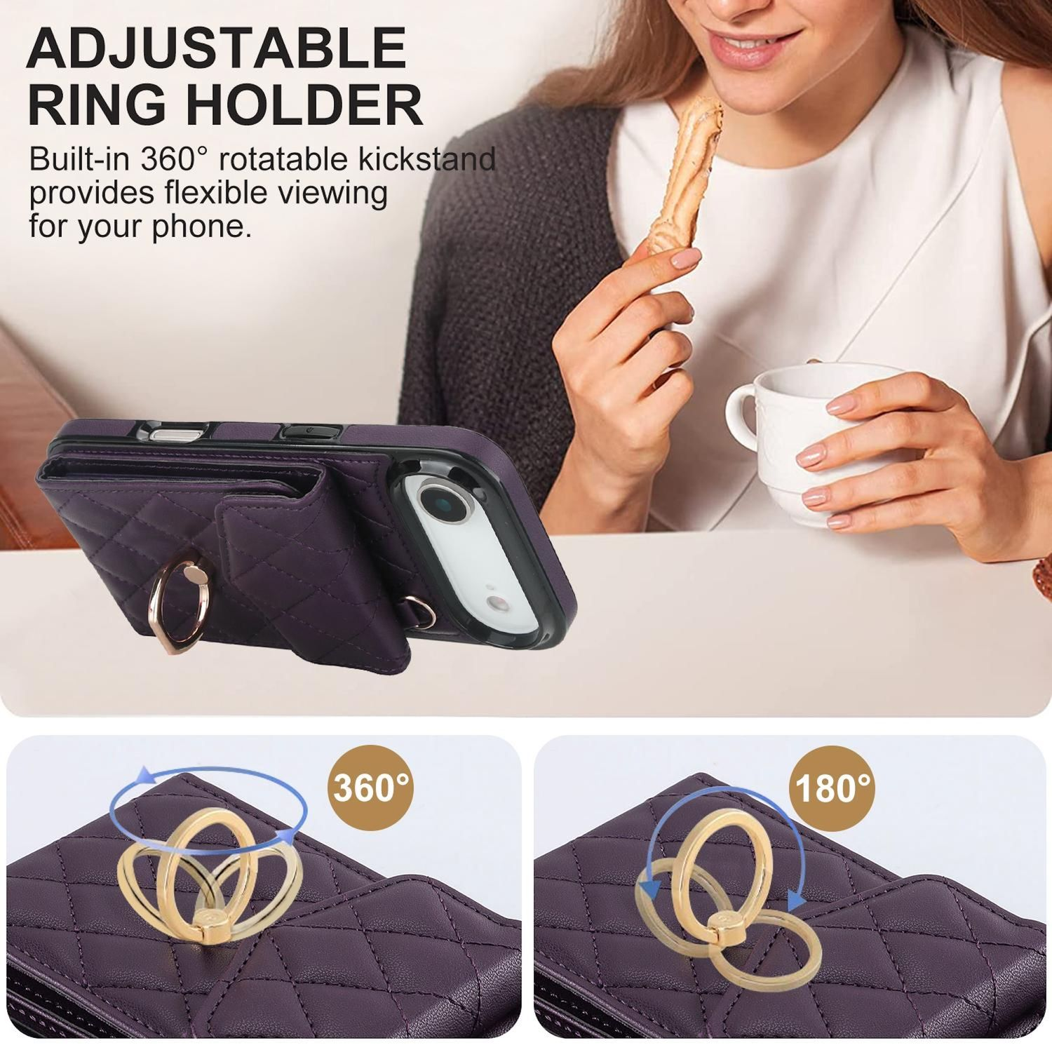 Se muestra una funda de teléfono púrpura con un soporte de anillo. Una mujer sostiene una galleta y una taza blanca. Texto: SOPORTE DE ANILLO AJUSTABLE.