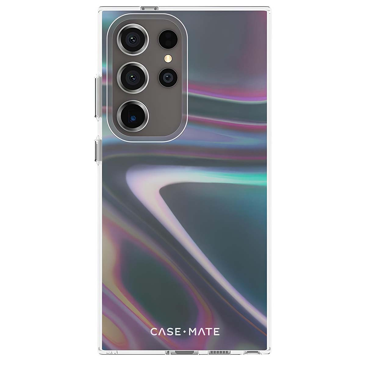 Una custodia per telefono con un design iridescente. Ha un gruppo di fotocamere in alto a sinistra e il marchio 'CASE•MATE' in basso.
