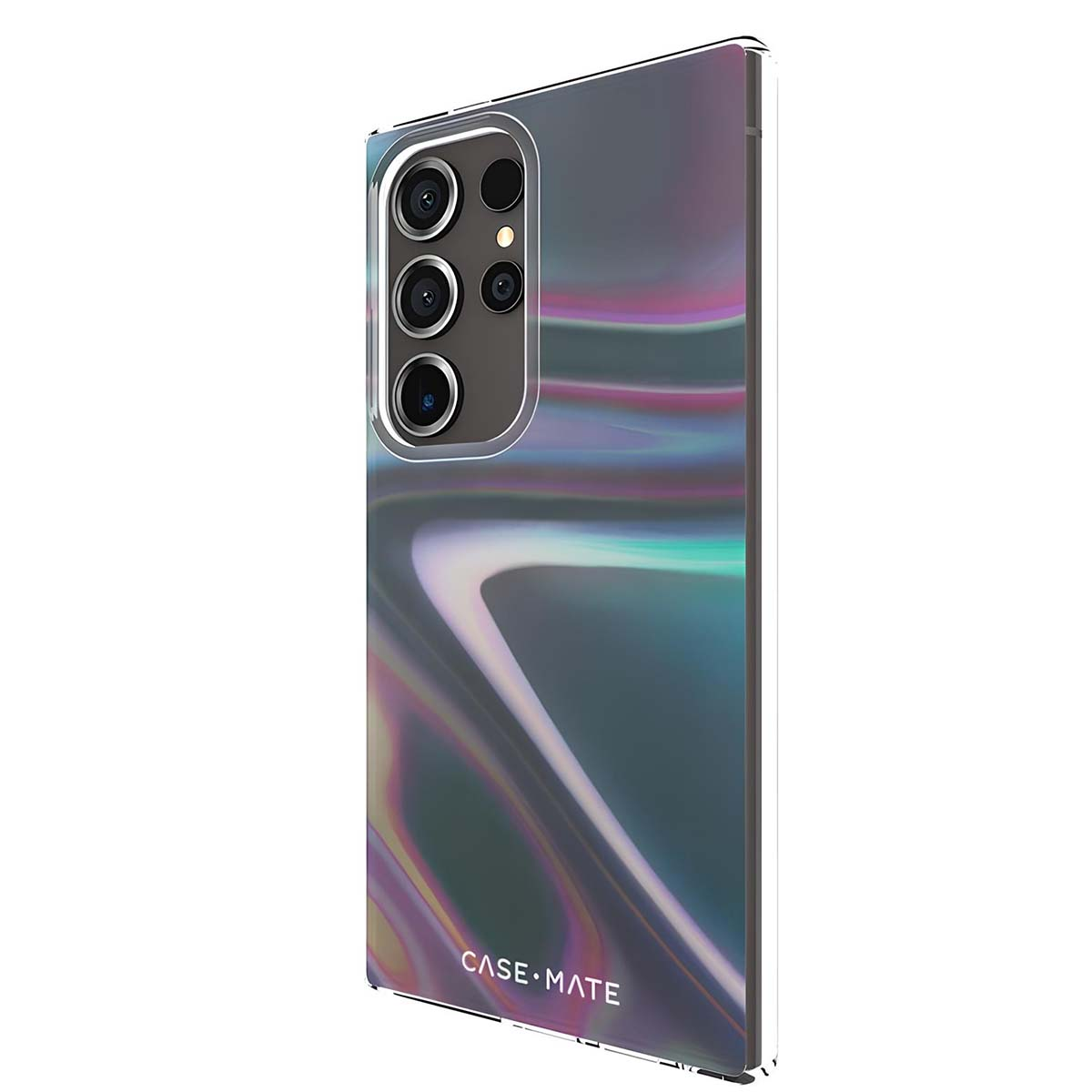 Uno smartphone con una cover posteriore colorata e iridescente. La custodia ha più lenti della fotocamera e il marchio 'CASE•MATE' è visibile.