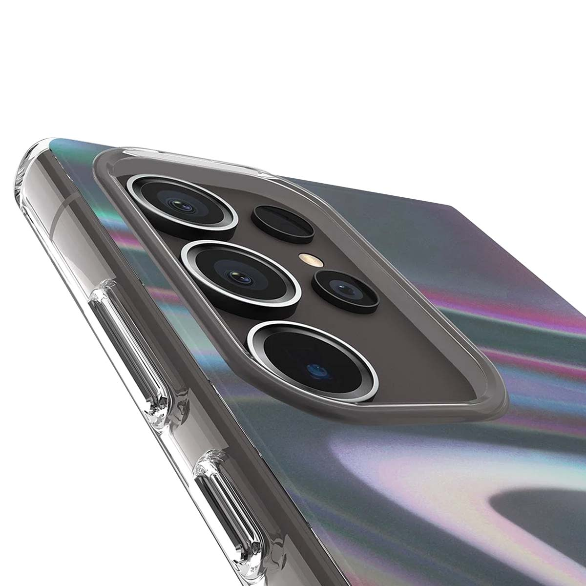 Primo piano di uno smartphone con più lenti. La custodia del telefono è trasparente. Lo sfondo ha una sfumatura di colori.