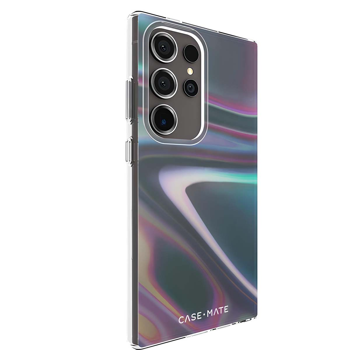 Uno smartphone in una custodia dal design lucido e multicolore. Il retro ha un motivo a vortice. La custodia ha un bordo trasparente.