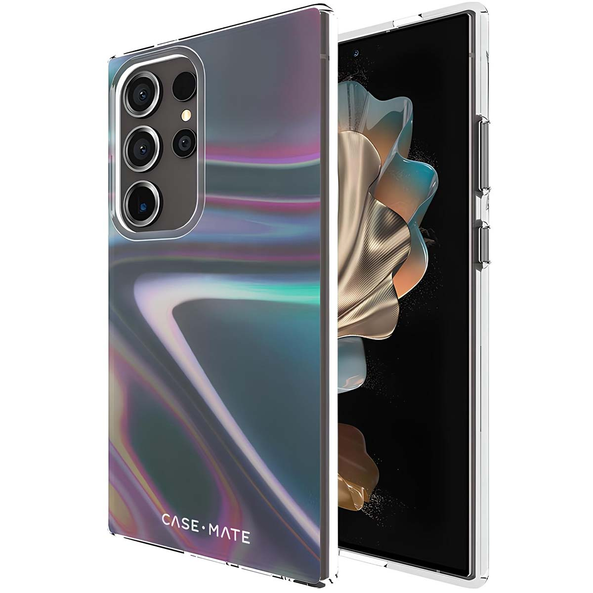 Uno smartphone con custodia trasparente. La custodia ha un design olografico. Lo schermo mostra una grafica floreale colorata. Il marchio è Case-Mate.