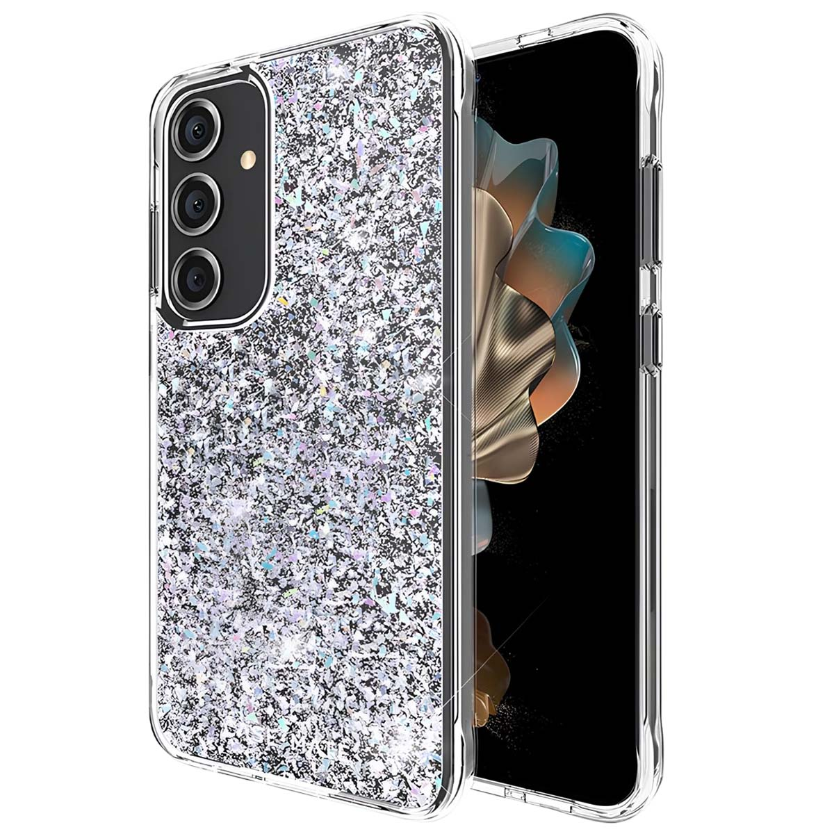 Una custodia per telefono argento glitterata con cornice trasparente, accanto a un telefono con schermo colorato che mostra un'immagine floreale.