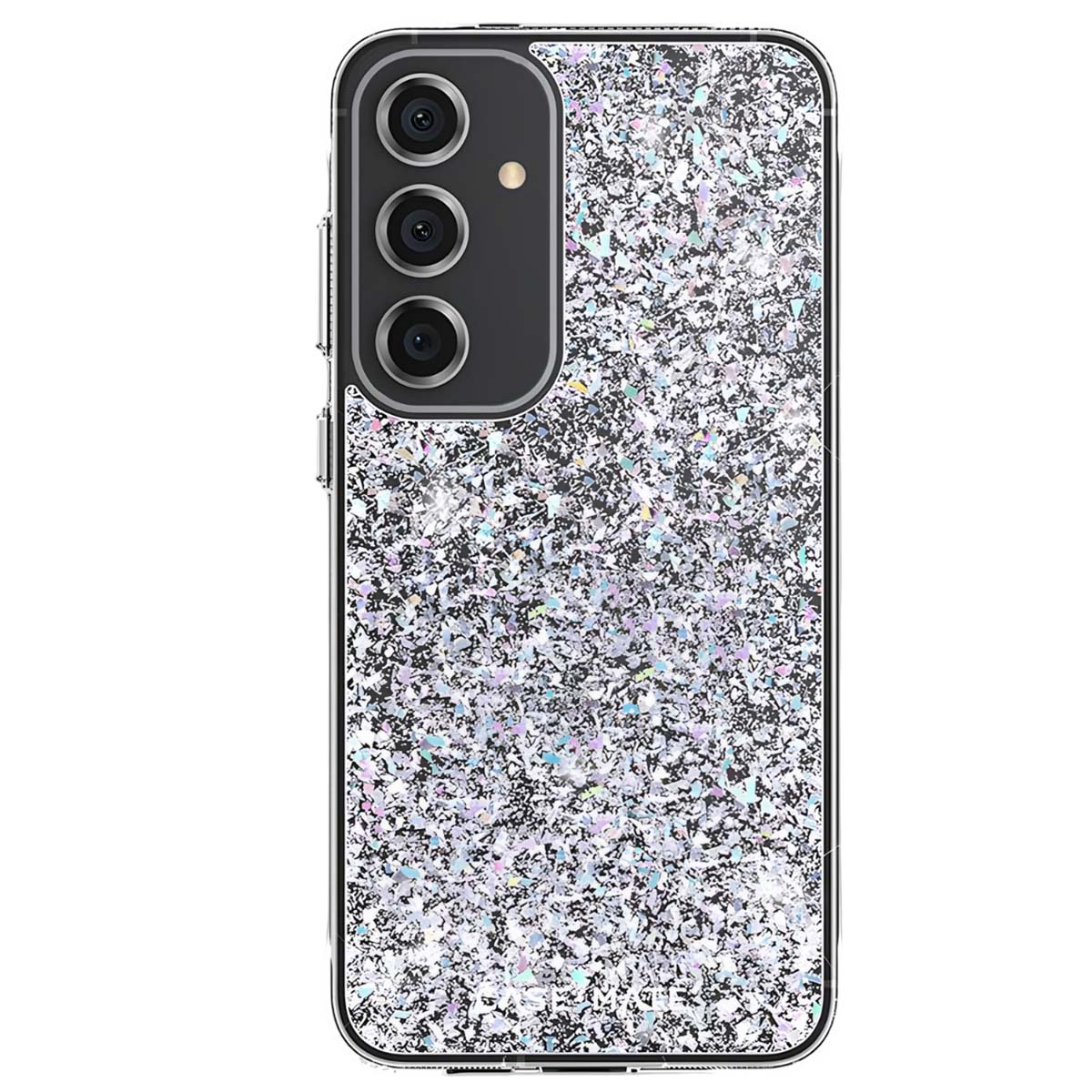 Una custodia per telefono con un design glitterato argento scintillante. Il telefono ha tre fotocamere in alto a sinistra.