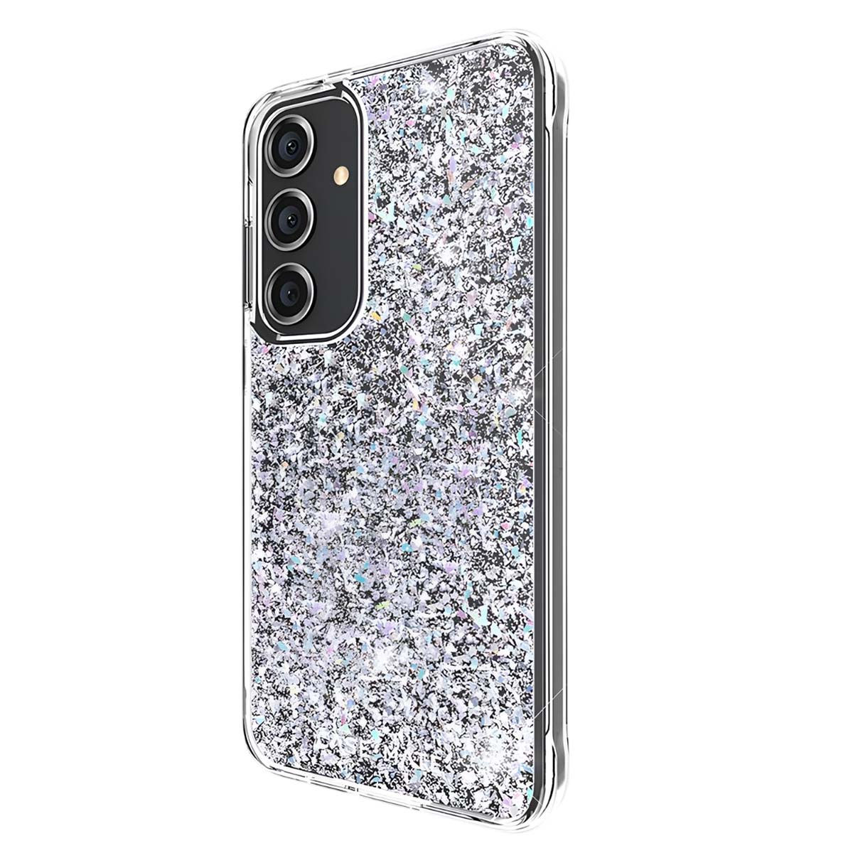 Una custodia per telefono con un design glitterato e scintillante. La custodia ha un bordo trasparente e una sezione per la fotocamera.