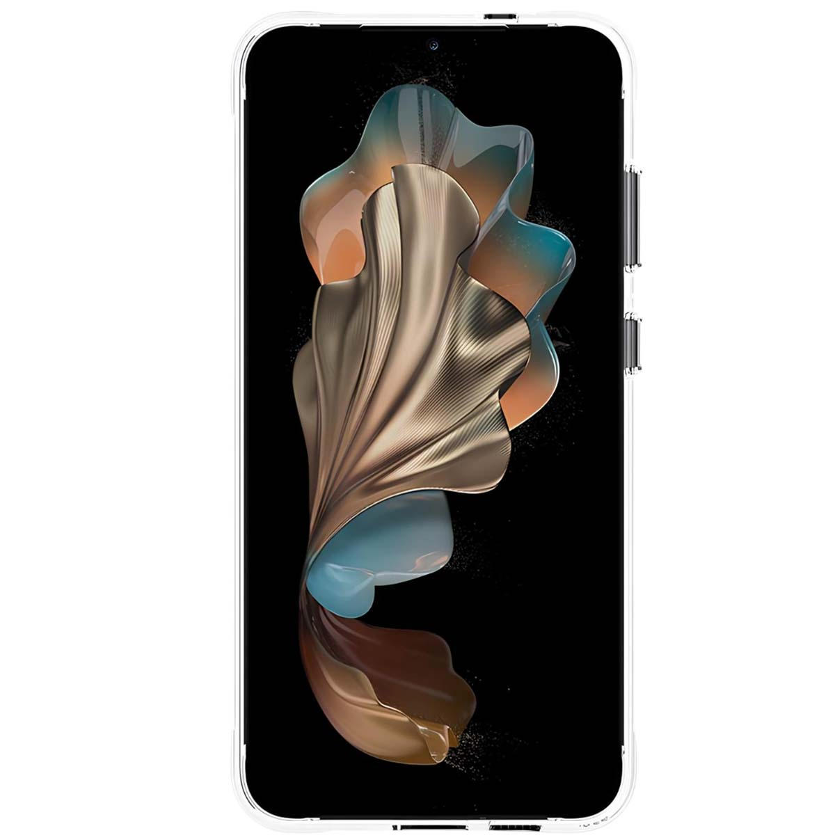 Uno smartphone con custodia trasparente. Lo schermo mostra un design astratto e fluido, con sfumature di oro, blu e marrone su sfondo nero.