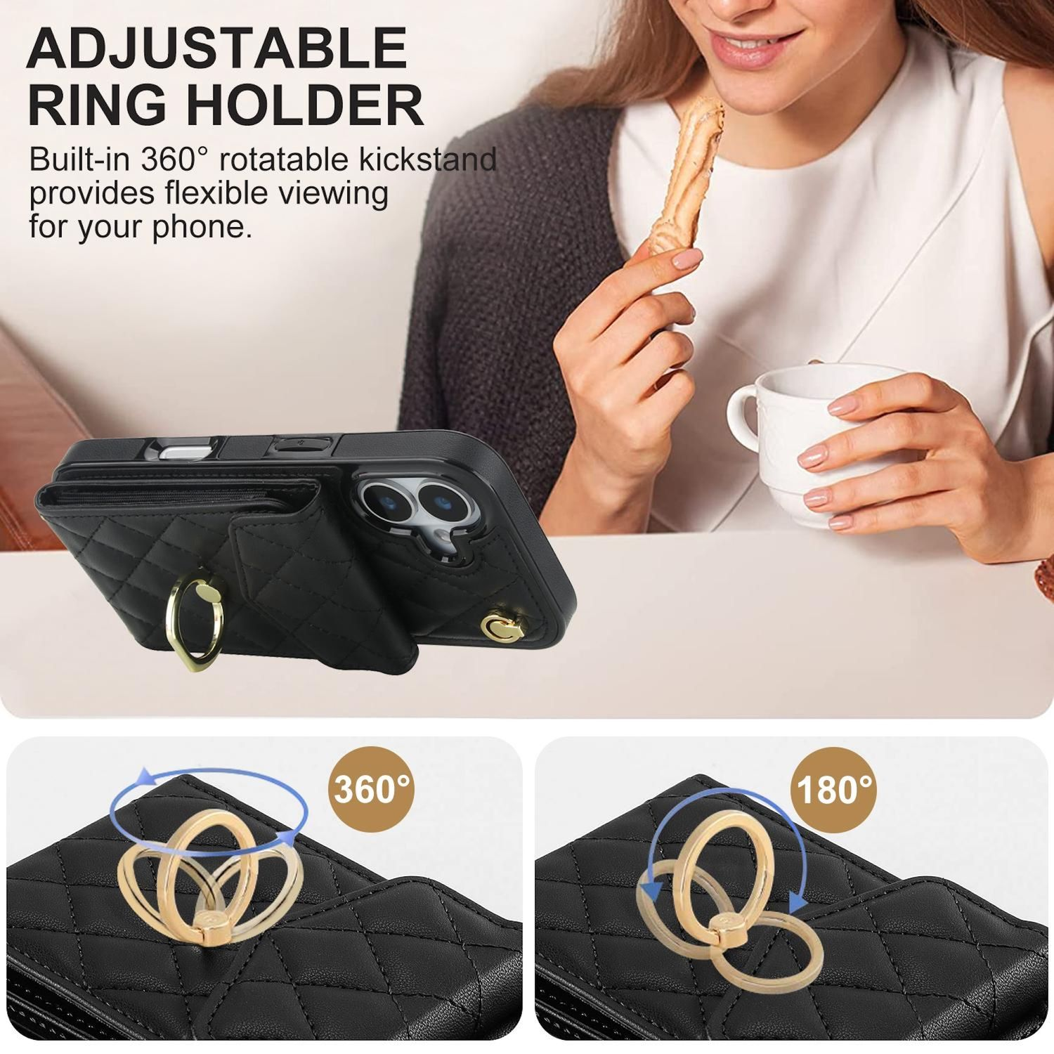 Eine Handyhülle mit Ringhalter wird gezeigt. Eine Frau hält einen Keks und eine weiße Tasse. Der Text lautet: ADJUSTABLE RING HOLDER.