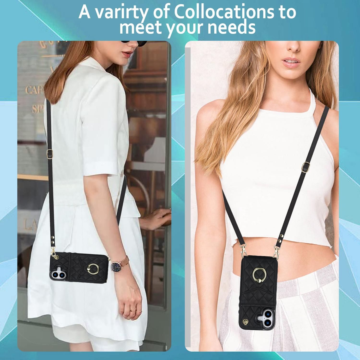 Zwei Frauen tragen Handyhüllen mit Trägern. Eine in einem weißen Kleid, die andere in einem weißen Oberteil. Beide haben schwarze Handyhüllen mit Goldringen.